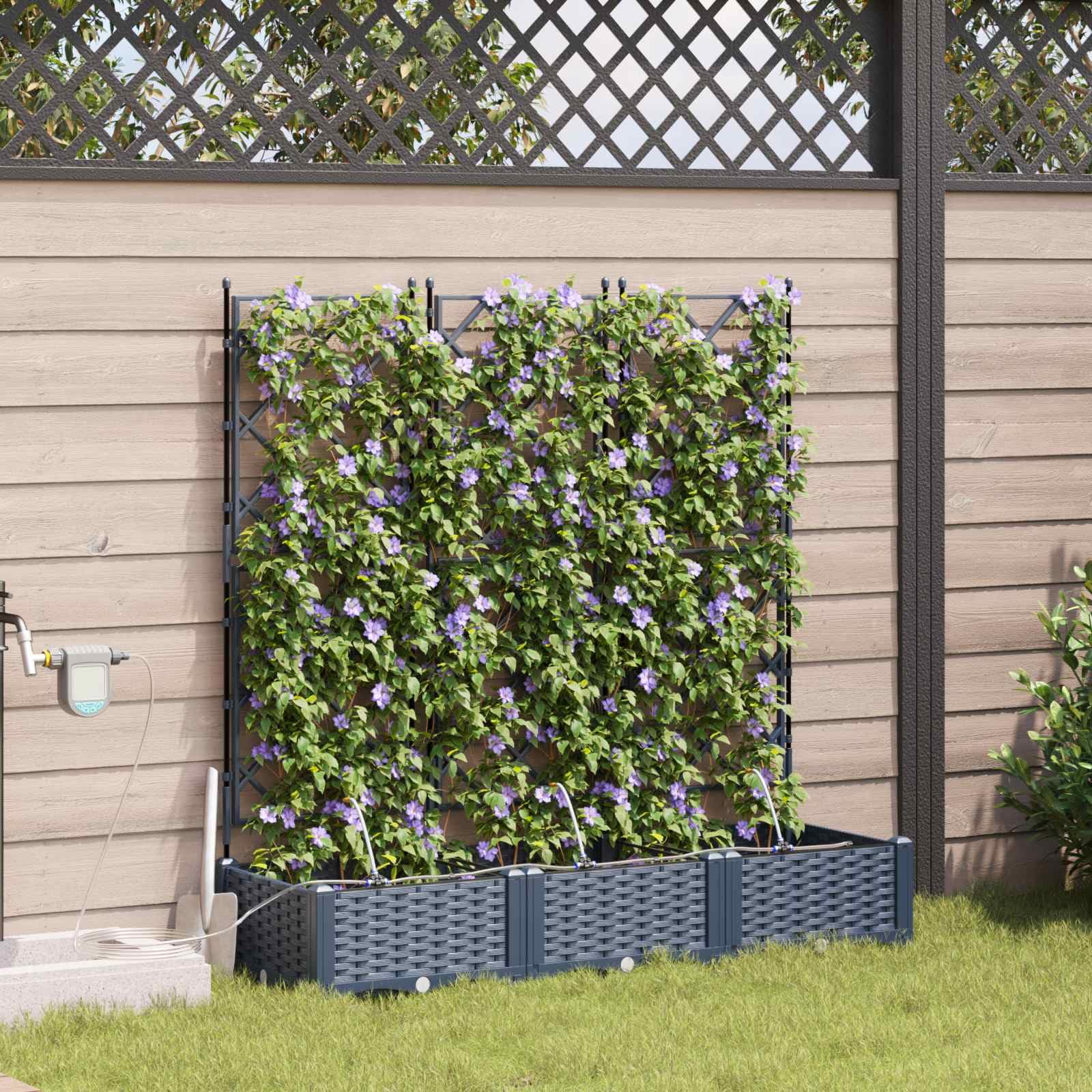 Lot de 3 pots de fleurs de jardin en plastique avec auto-arrosage pour l'extérieur, design moderne, facile d'entretien, gris, 120 x 40 x 126 cm