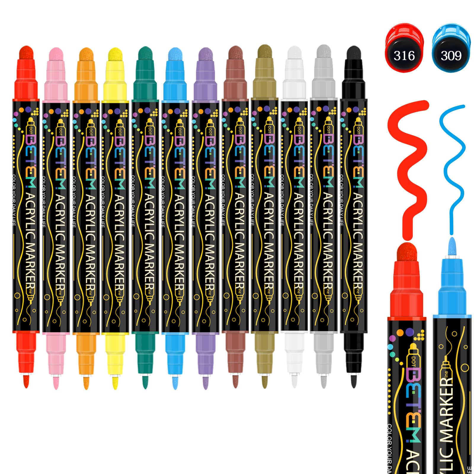 Betem 12 Colors Dual Tip Acrylic Paint Pens Markers, Premium Acrylic Paint Pens for Halloween Decorations, Wood, Canvas, Stone, Rock Painting, Glass, Ceramic Surfaces, Pumpkin Painting Kit DIY Crafts