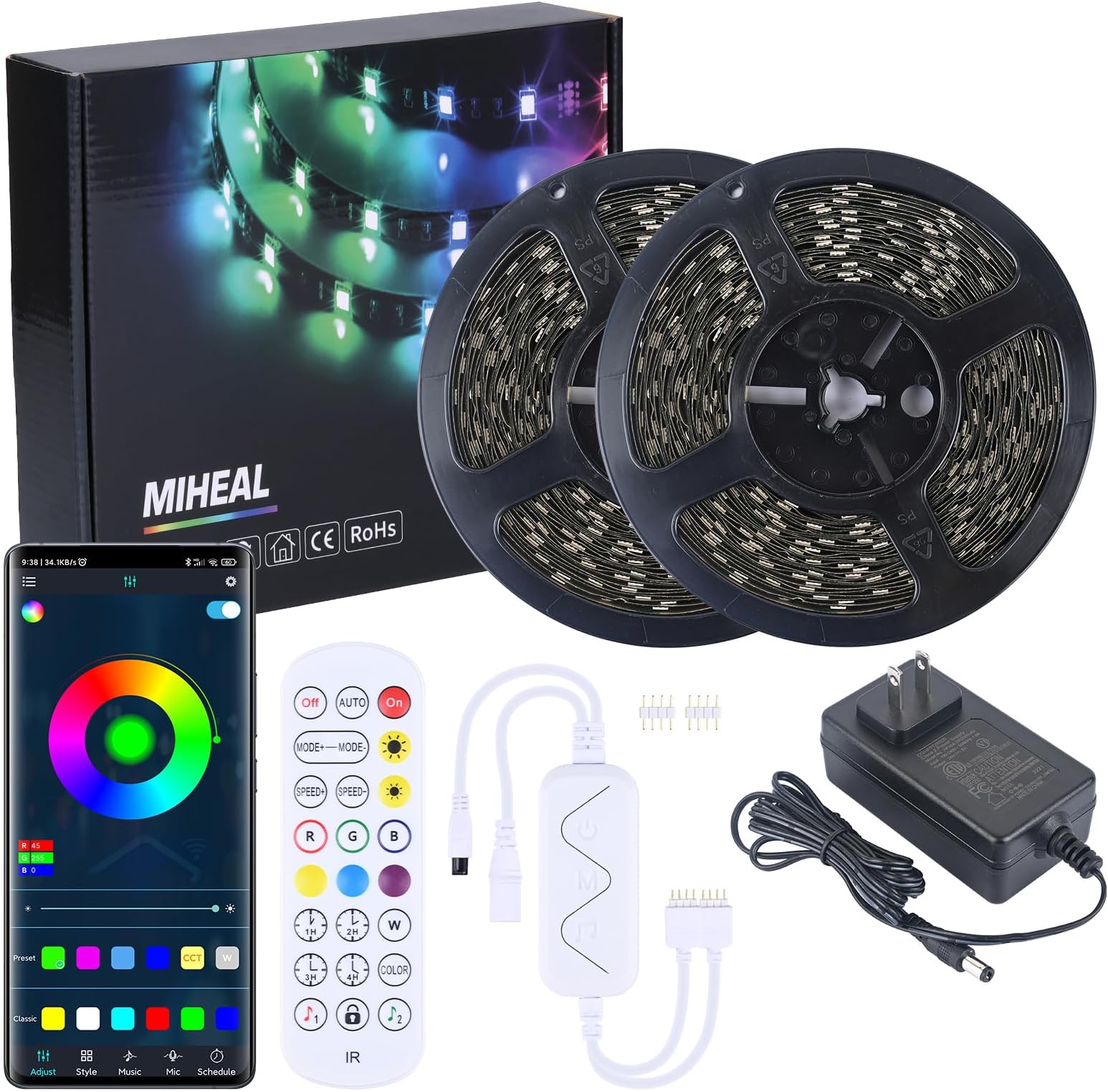 MIHEAL Led Strip Lights Kit 65.6ft 5050 SMD RGB Flexible LED Tape Lights with DC24V UL Power Supply RF Remote Controller for Under Cabinet Lighting Bedroom, Living Room