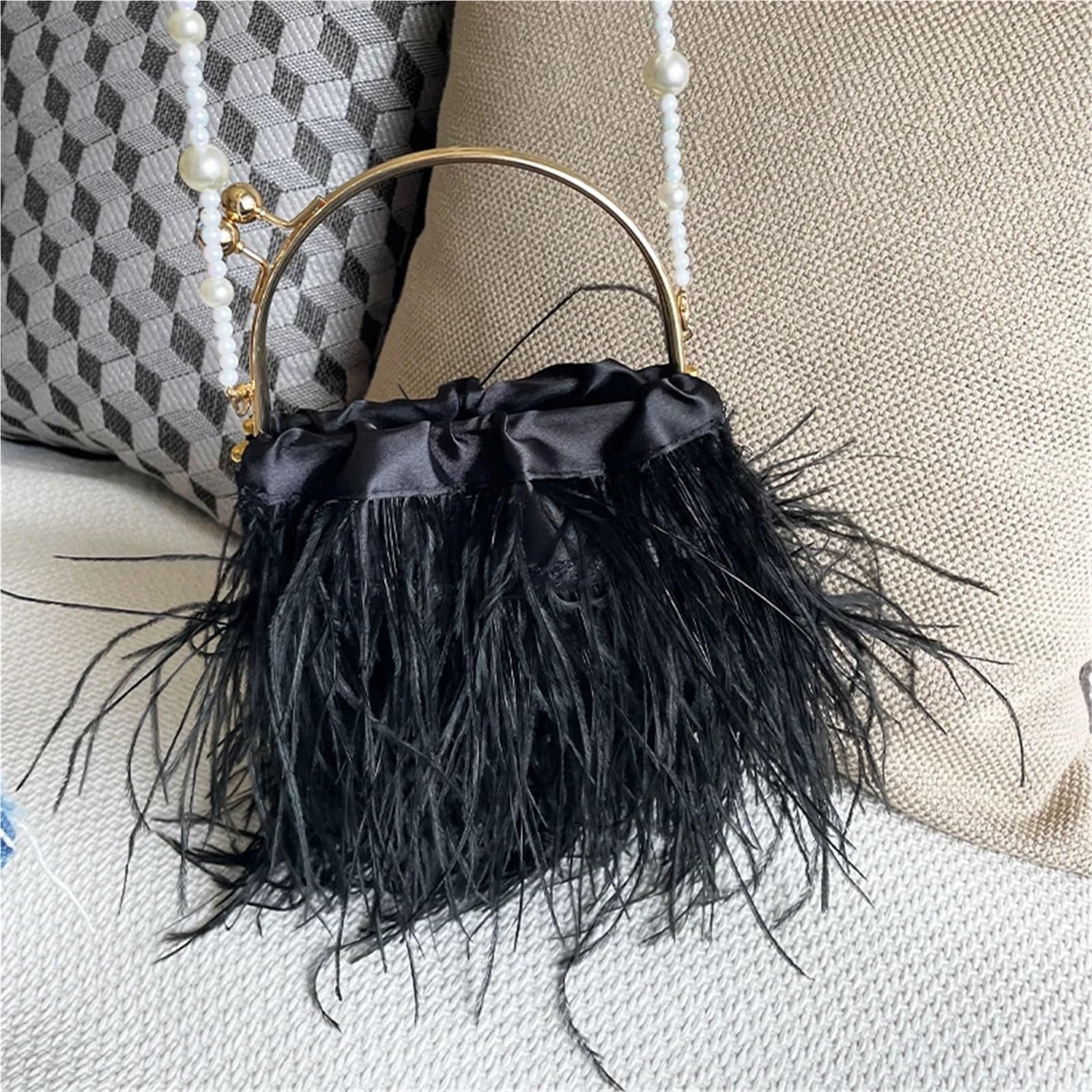 Bolso fiesta Bolso de mano con plumas avestruz, bolso boda asa metal, bandolera for fiesta noche