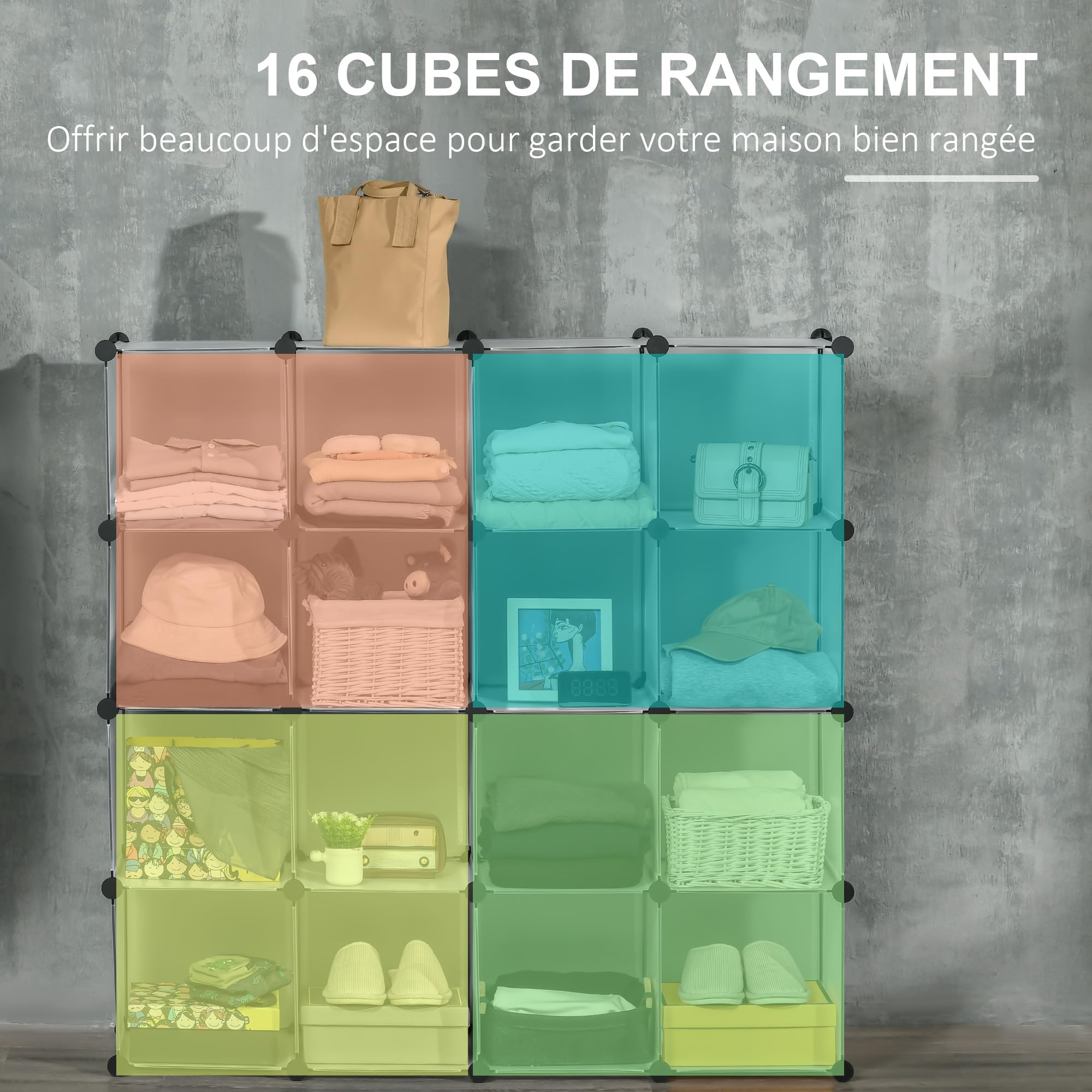 HOMCOM Meuble de Rangement modulable, 16 Cubes, étagère de Rangement en Plastique, Meuble à Chaussures, vêtements, Livres, Jouets, Meuble casier Rangement Cube, Blanc