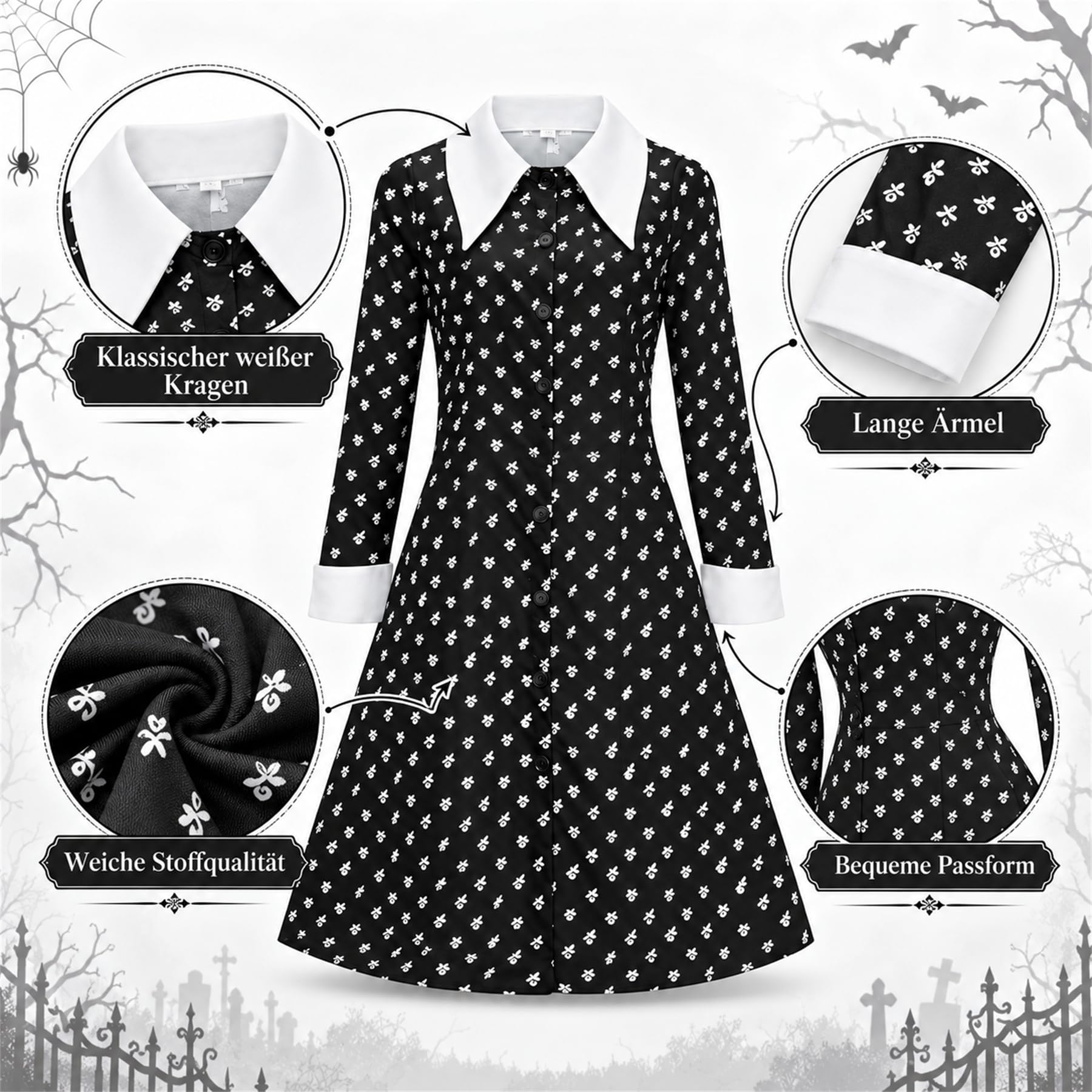 Costume da Mercoledì per bambina, per Halloween, carnevale