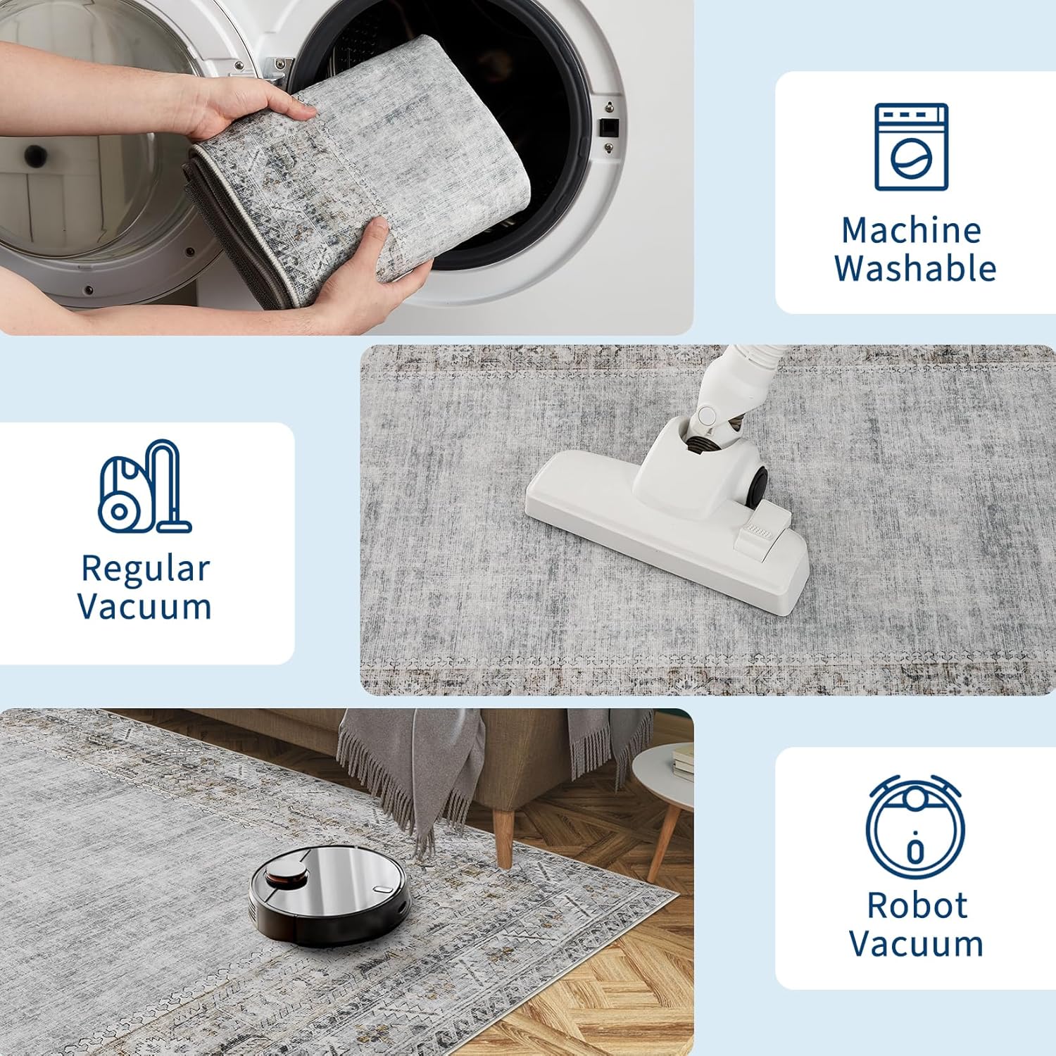 Garvee Runner Rug 2x6 Washable Solid Rugs for Hallway Bathroom Rug Runner Vintage Bordered Non Slip Bathroom Accent Carpet for Entryway Kitchen Laundry Room Kitchen Bedside, Grey