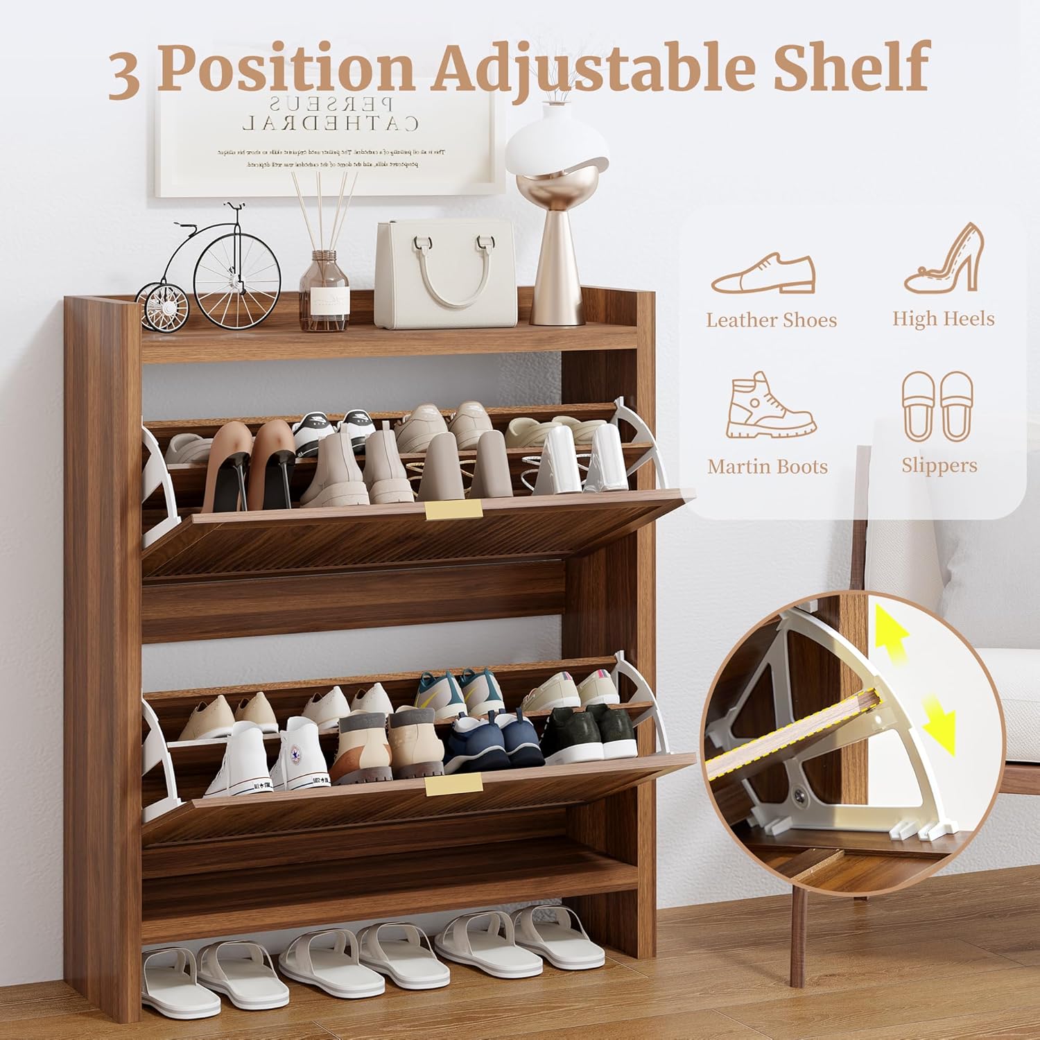 Fluted Shoe Storage Cabinet with 2 Flip Door for Entryway, Modern Freestanding Narrow Wood Shoe Rack Cabinet for Foyer, Front Door, Hallway
