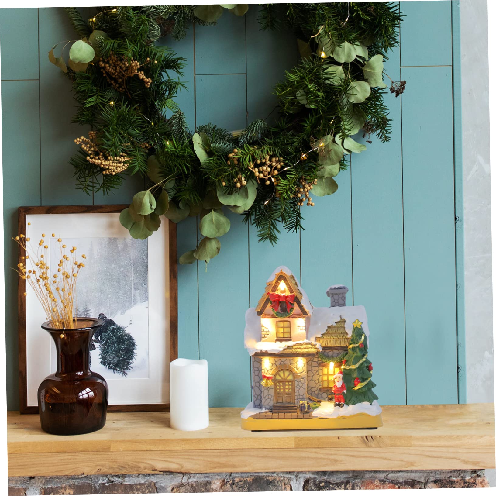 KOMBIUDA Casa Decorativa Natalizia con Pupazzo di Neve Scena in Resina Mini Casa Illuminata Decorazione Invernale per Casa E Ufficio