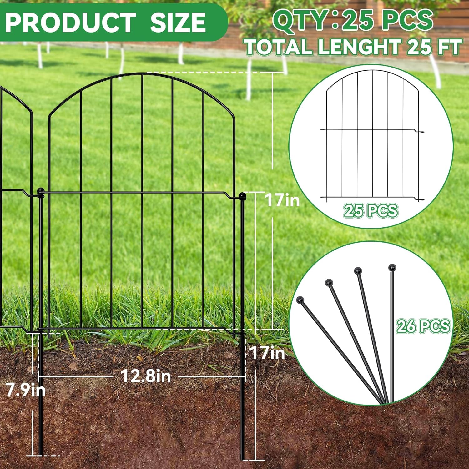 GOTGELIF Decorative Garden Fence 25 Panels, 17''(H) x26.7FT(L) Arched No Dig Animal Barrier with 26 Rustproof Stakes - Metal Dog Fence for Small Pets, Yard & Patio Border, Easy Install & Sturdy Design