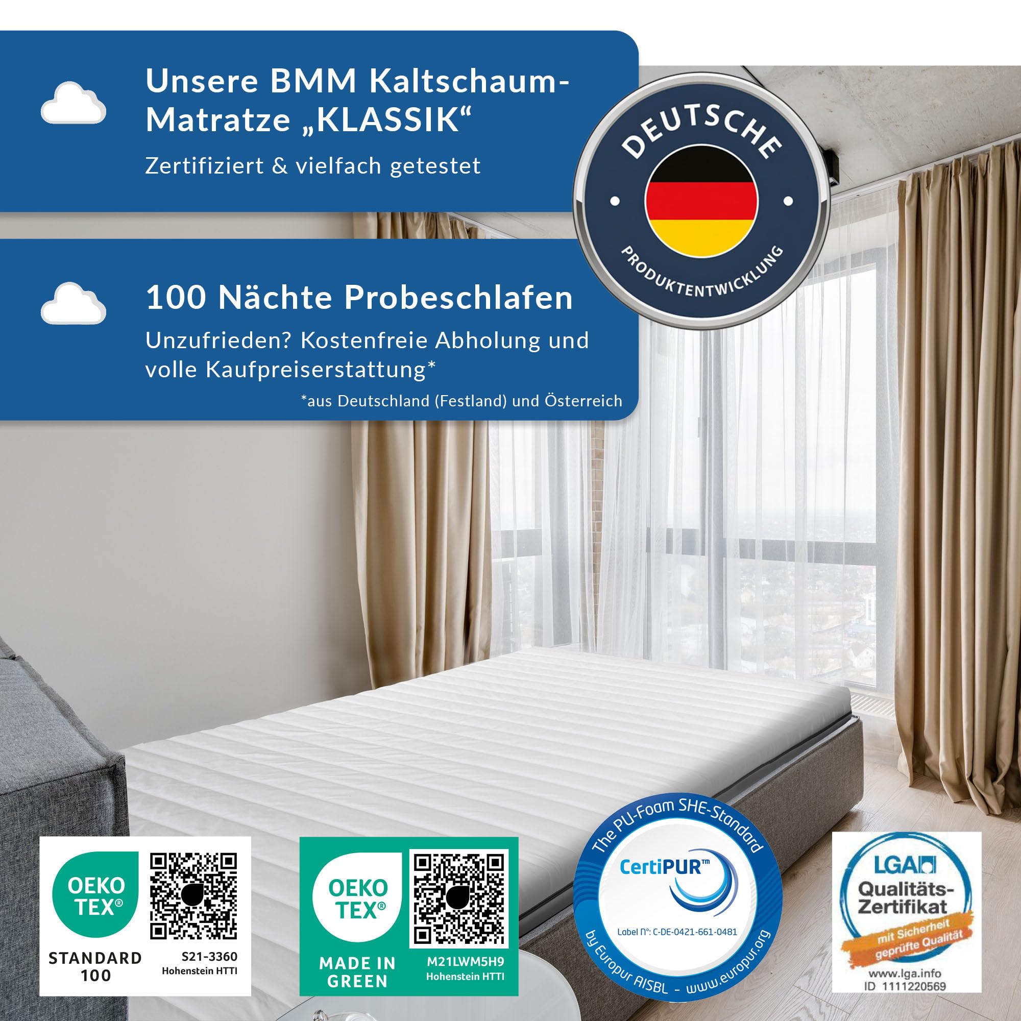 BMM Kaltschaummatratze Klassik XXL 90x200 cm H4 12 cm | Stabiler KSCell® Kaltschaum mit kompakter 12 cm Höhe bietet zuverlässigen Liegekomfort für vielseitige Einsatzbereiche.