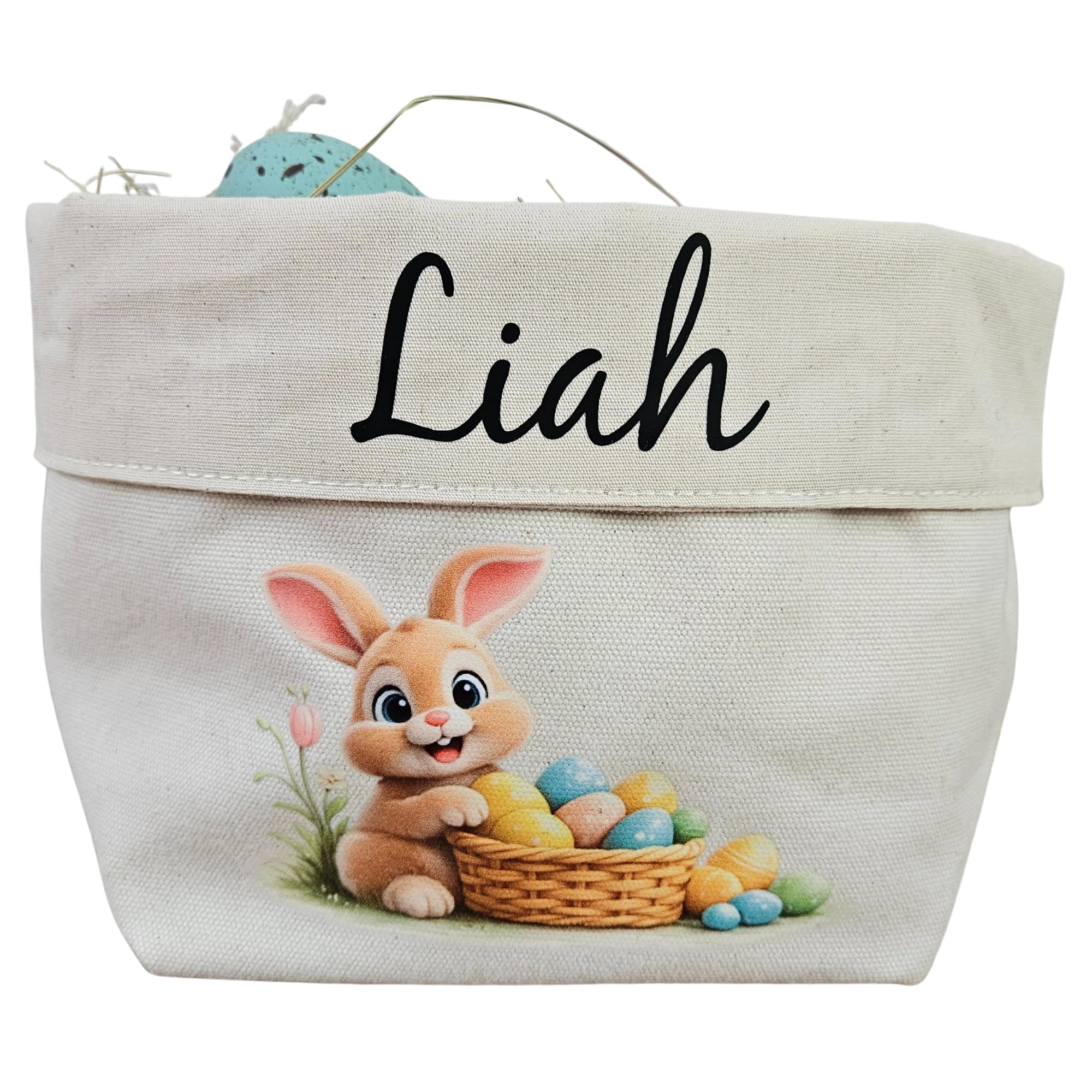 mamir home Osternest personalisiert mit Namen – Osterkörbchen für Kinder aus Baumwolle – süßes Ostergeschenk für Kinder – Osterkorb personalisiert mit Hasenmotiv (Osternest farbiger Hase)