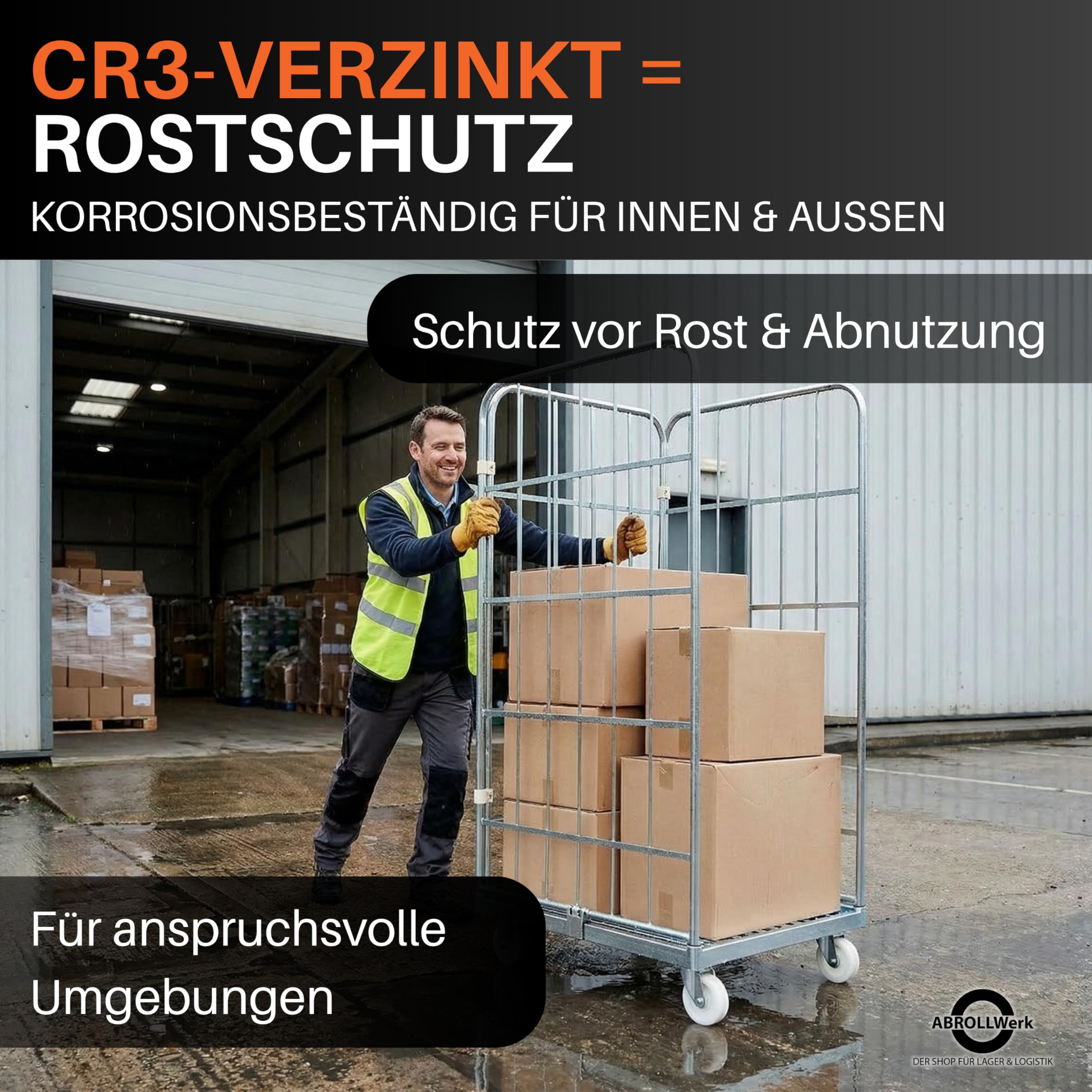 3-seitiger Stahlrollbehälter 1460 Metall - Abmessungen außen 710 x 800 x 1640 mm, Langlebig mit Korrosionsresistenter Cr 3-Beschichtung, Ideal für Lager, Logistik & Einzelhandel