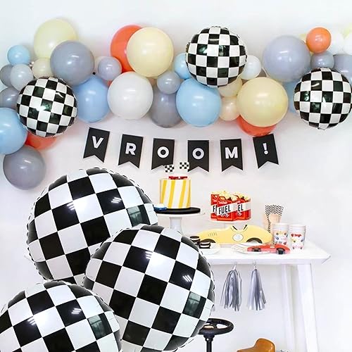 Miniatura 7 de 12 globos de carreras a cuadros de 18 pulgadas, globos de aluminio blanco y negro para decoración de fiestas temáticas de carreras, globos de Mylar
