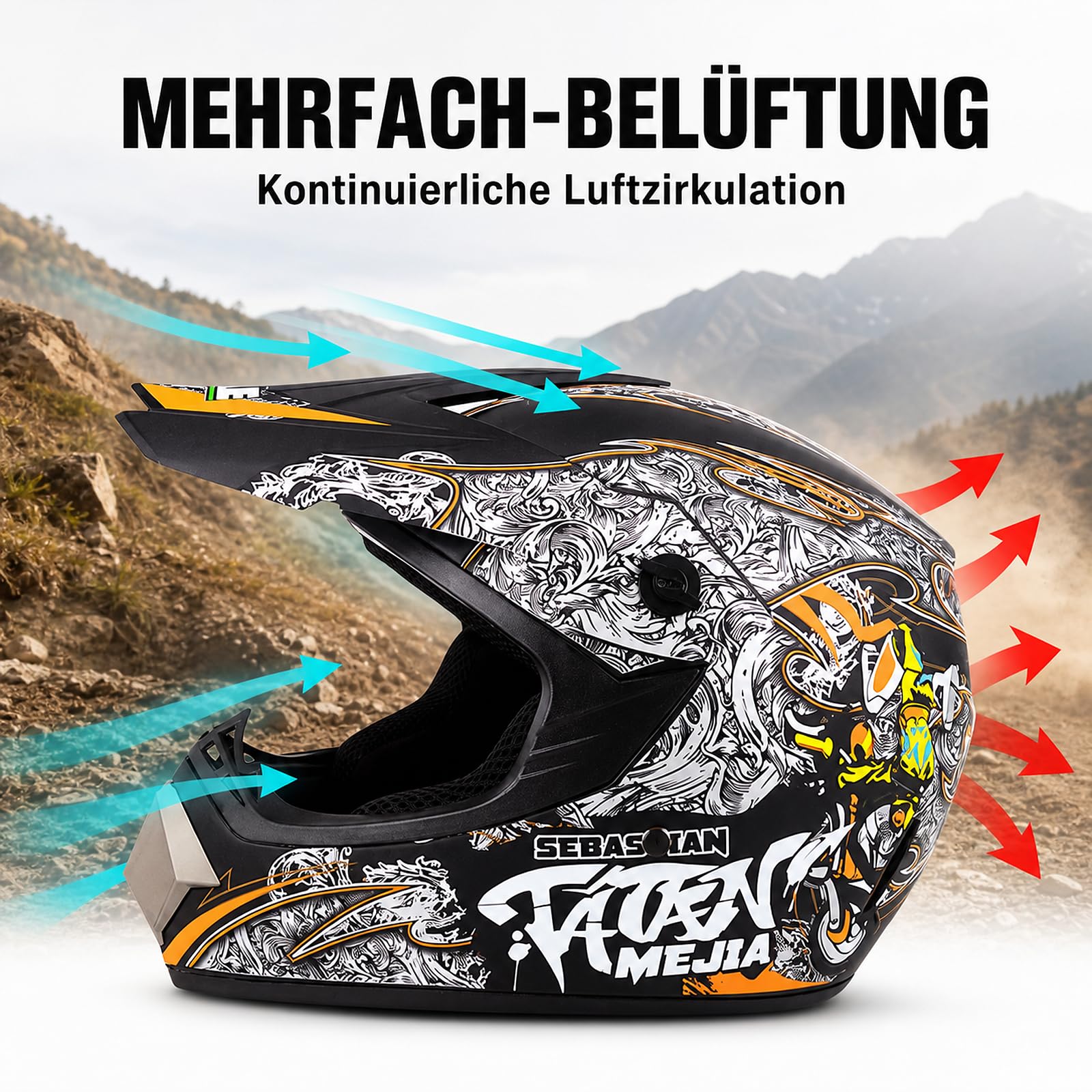Crosshelm Motocross Helm Set mit Zubehör, Offroad ABS Dirt Bike ATV Quad | ABS Vollvisierhelm für Dirt Bike ATV Quad Enduro, 3-teiliges Zubehörset, 4 Belüftungsbereiche, abnehmbare Ohrpolster