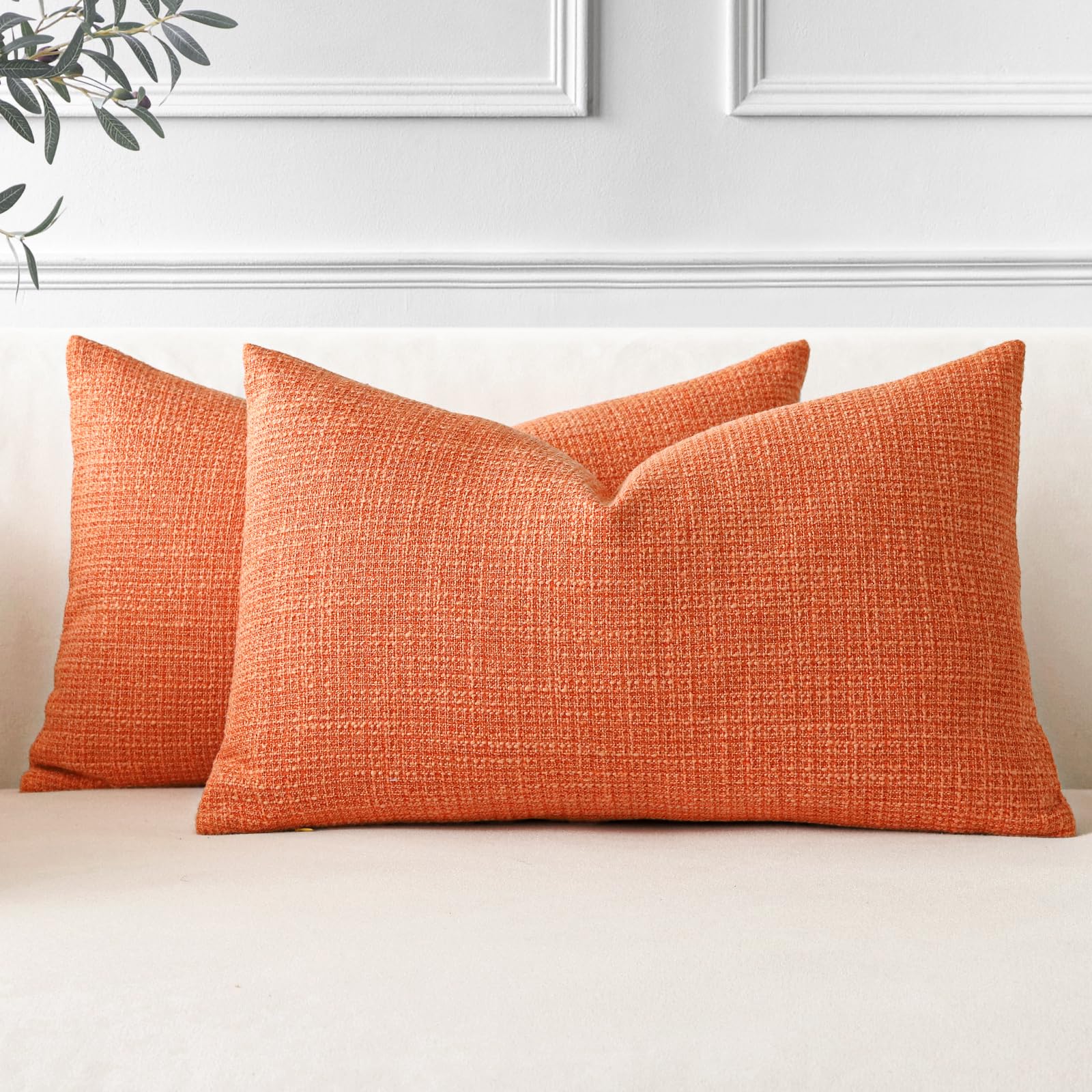 OTOSTAR Pack of 2 Throw Pillow Covers 16x24 Inch Linen Orange Pillowcases Farmhouse Decorative Solid Pillow Covers 40x60 cm Lumbar Cushion Case for