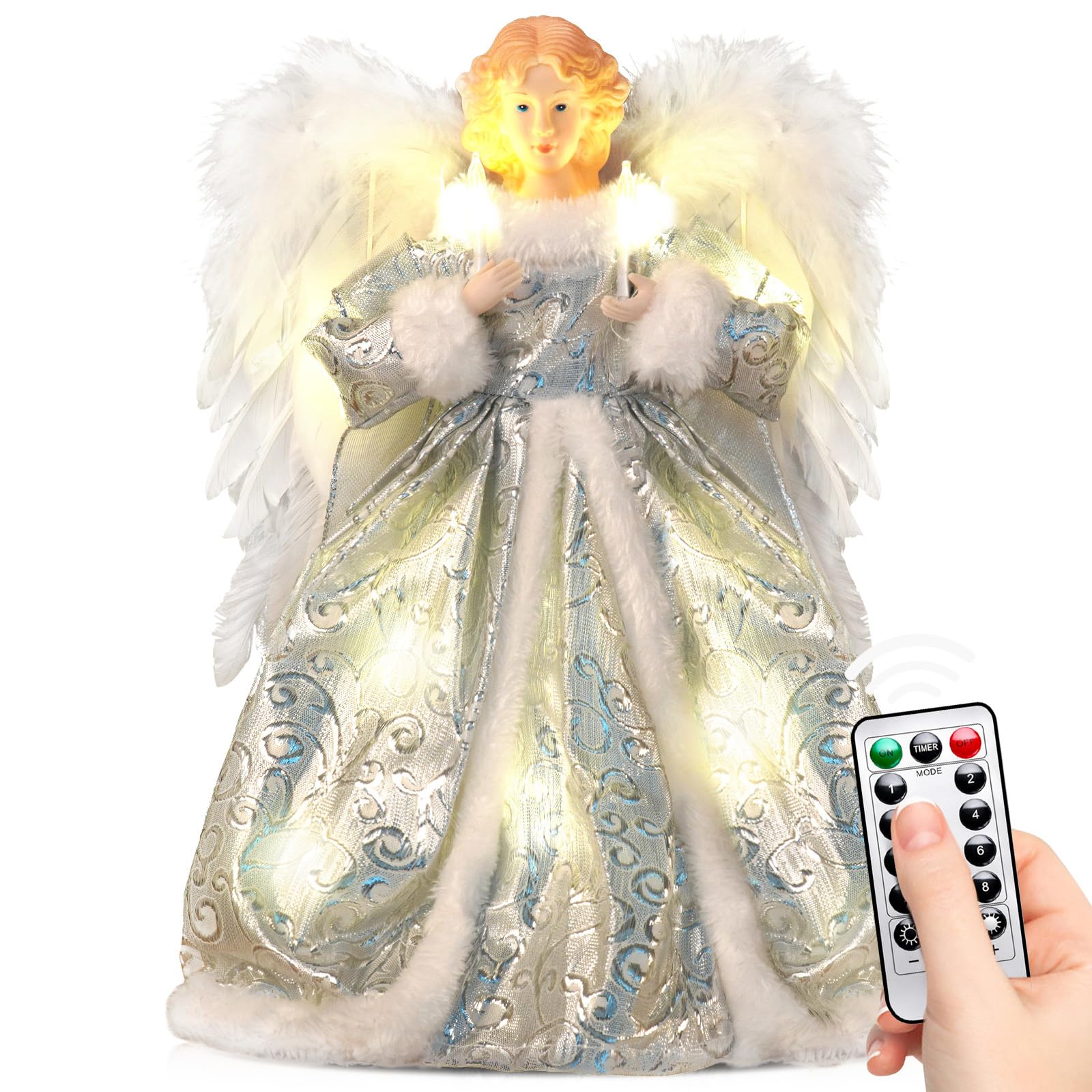 Puntale per albero di Natale a forma di angelo, con luci e telecomando, decorazioni natalizie illuminate, elegante e durevole, perfetto per decorazioni natalizie per la casa e regali, argento, WOKEISE