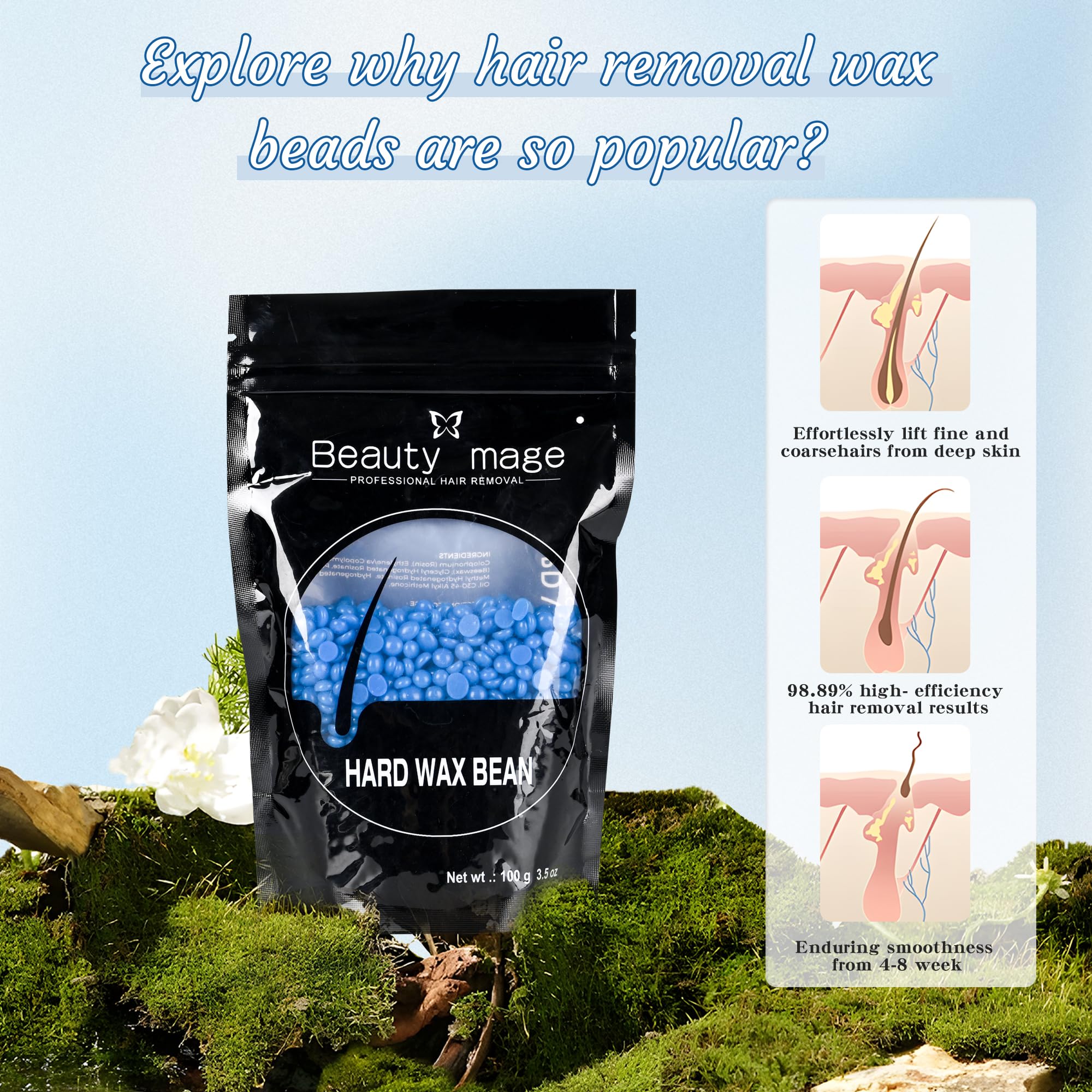 Hard Wax Beans - Chamomile Formula for Sensitive Skin, Hair Removal at Home, Brazilian Bikini, Facial, Legs, Underarms Wax Refill for Women & Men (3.54oz, CHAMOMILE)