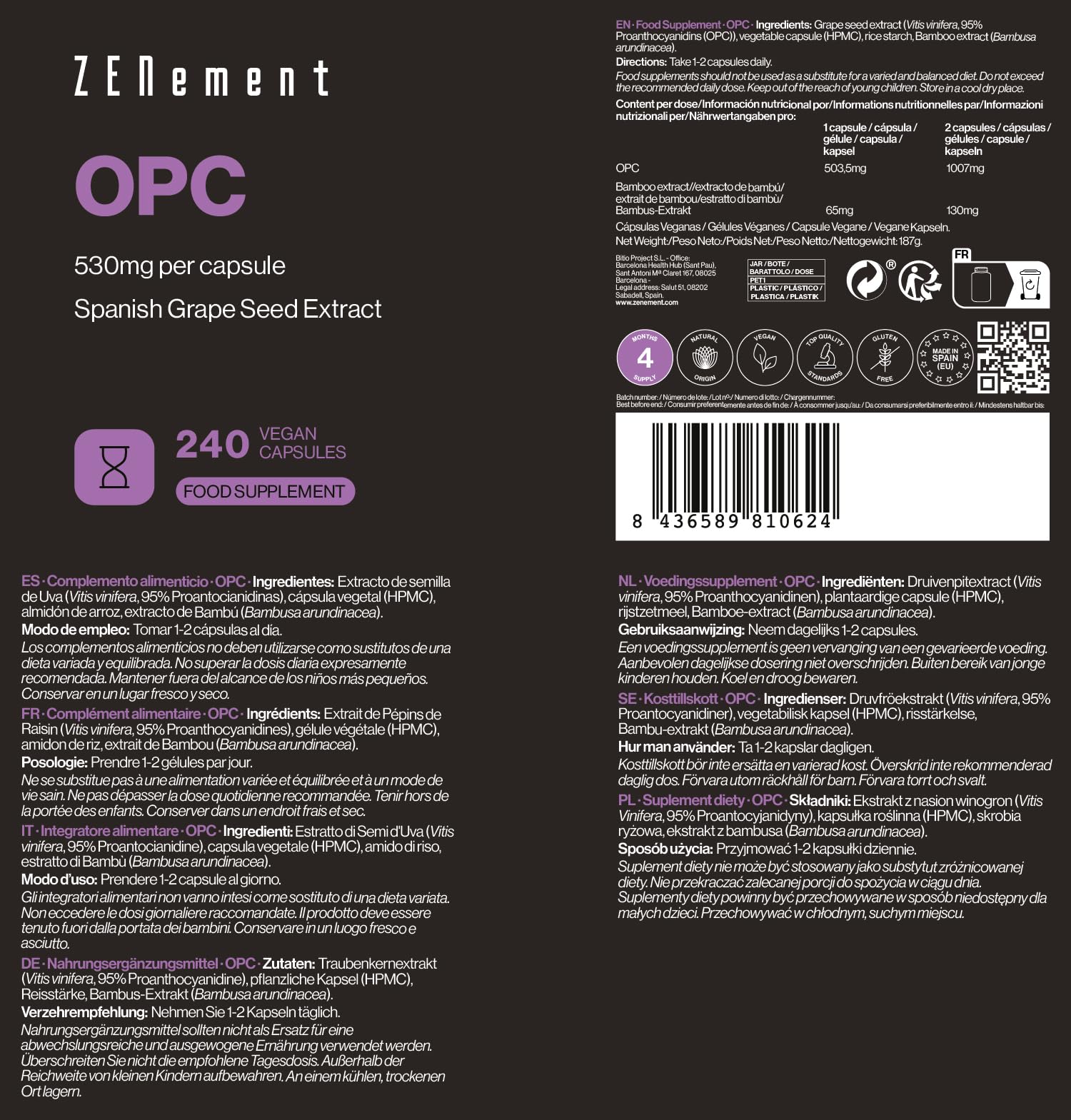 OPC - 1007 mg Purs par Dose (2 Gélules) - Extrait Concentré de Pépins de Raisin (Vitis vinifera L.) - 95% Proanthocyanidines - Source d’Antioxydants Naturels - 240 Gélules Véganes - Zenement