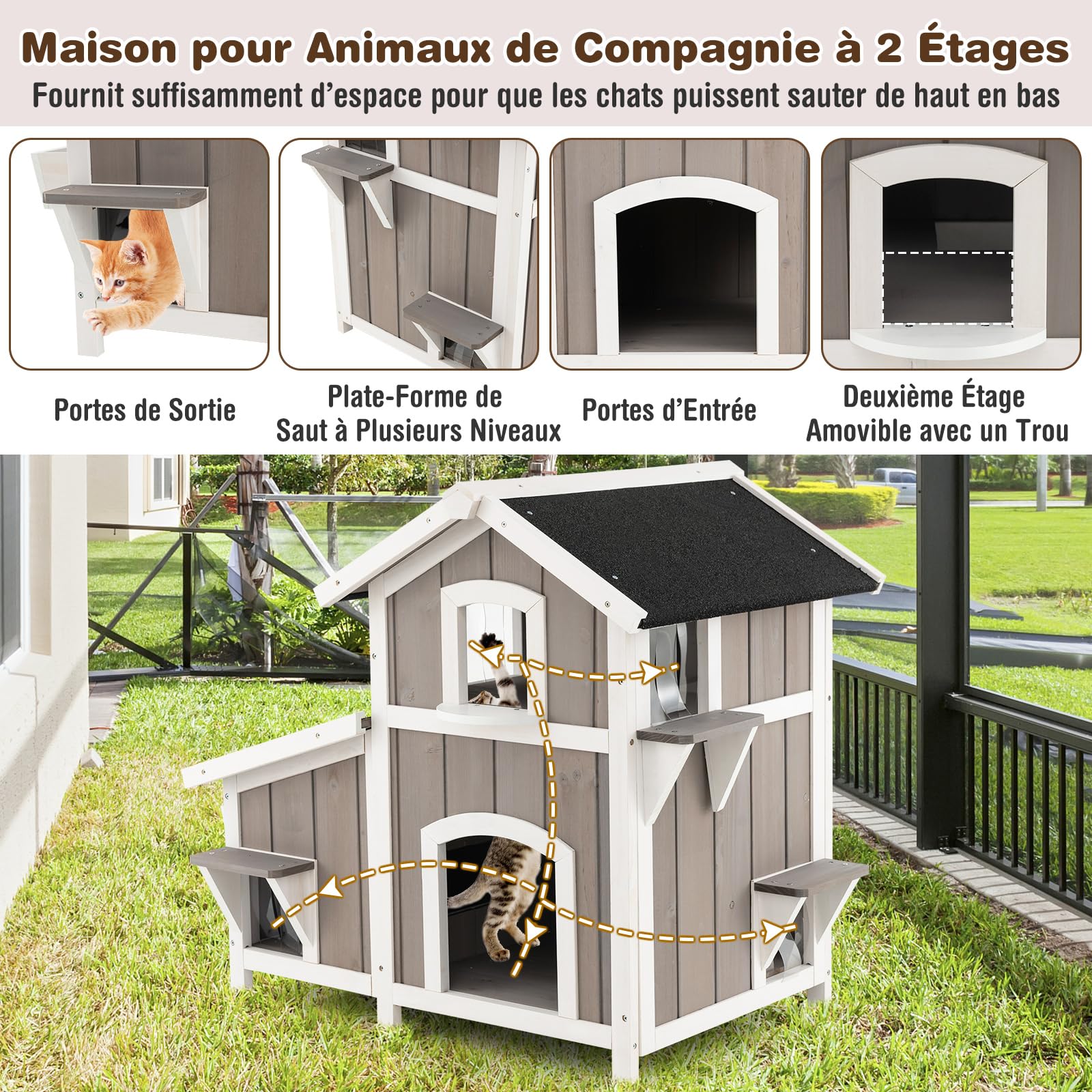 COSTWAY Niche pour Chat en Bois 2 Étage, 3 Compartiments avec Toit en Asphalte, Rideaux PVC, 6 Portes - Maison Exterieur/Interieur pour Lapin Chiot - 100 x 64 x 82,5 cm