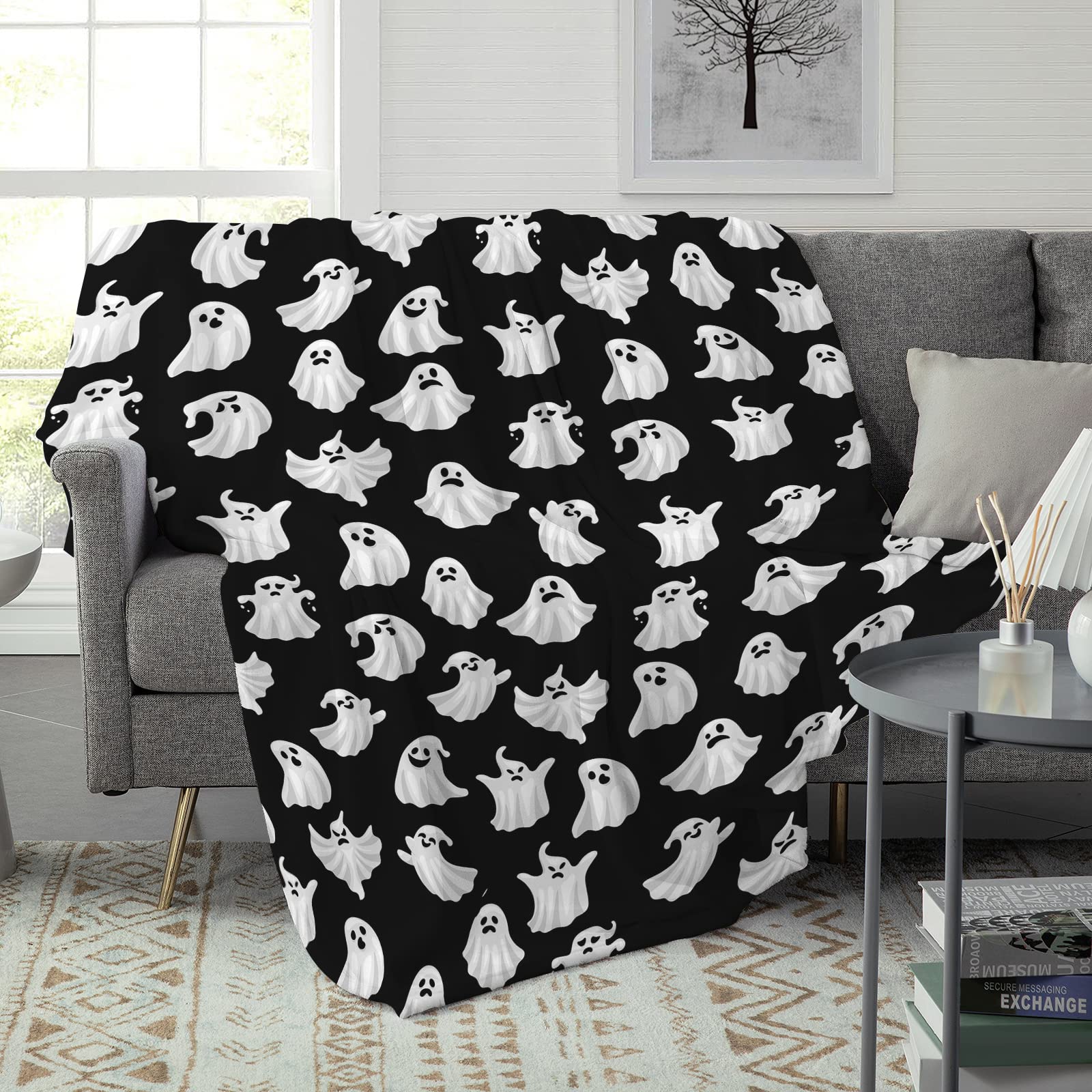 Abaysto Halloween Throw Blankets Cute Ghost Halloween Spooky Black White Fleece Flannel Blanket for Bedroom Living Rooms Couch Sofa Bed Halloween Decorations 100x130cm - Image 2