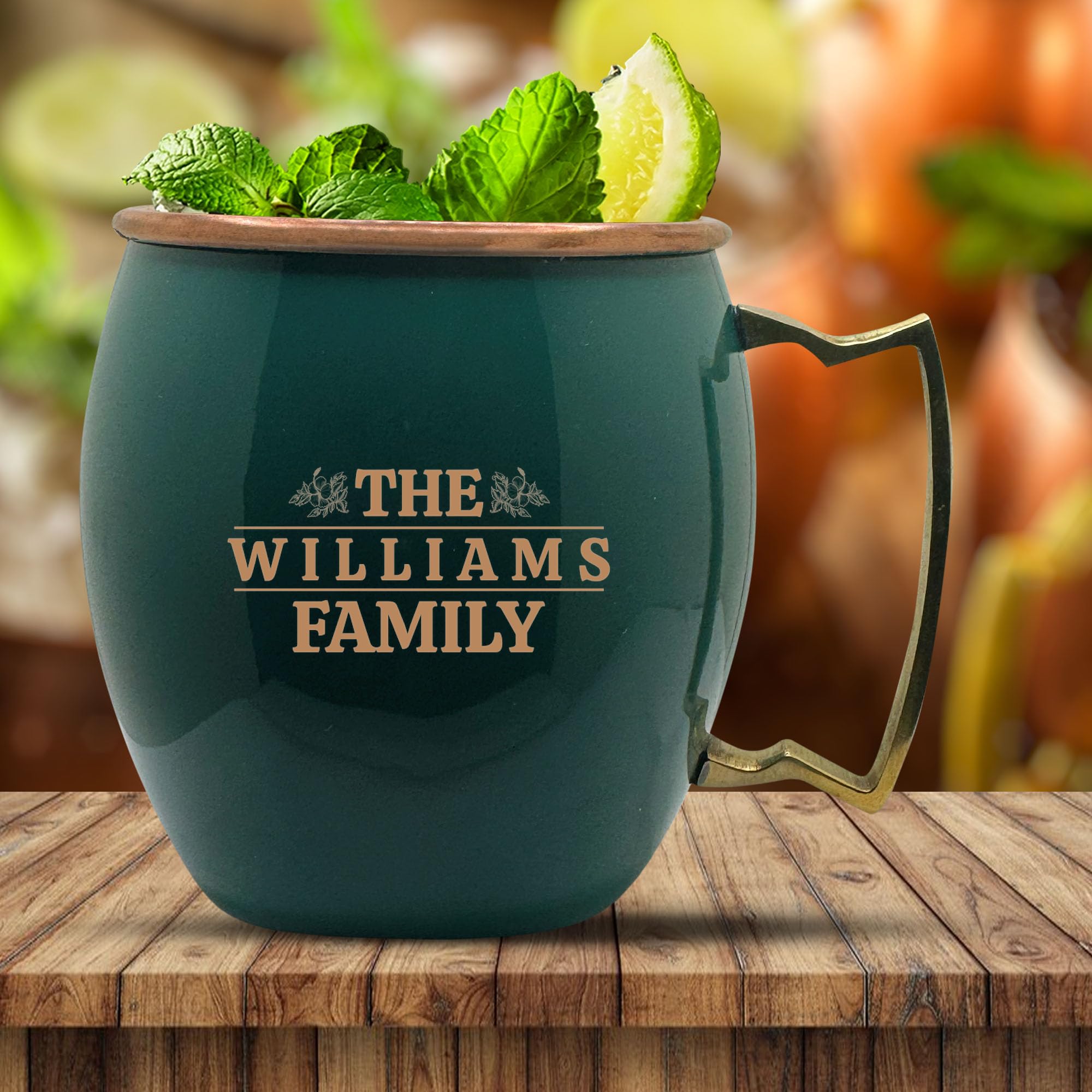 Custom Copper Moscow Mule with Smooth Painted Finish - Engraved Bar Style 100% Copper Cup with Personalized Floral Last Name Monogram Themed Engraving, Brass Handle | 18 oz, Green | Set of 4