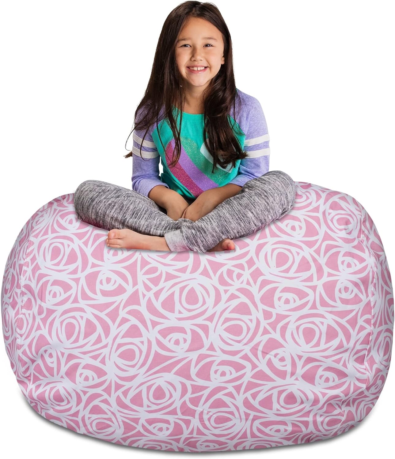 Posh Creations Kids Stuffed Animal Storage Bean Bag Chair Cover - Childrens Toy Organizer, X-Large-48in, Canvas Roses Pink
