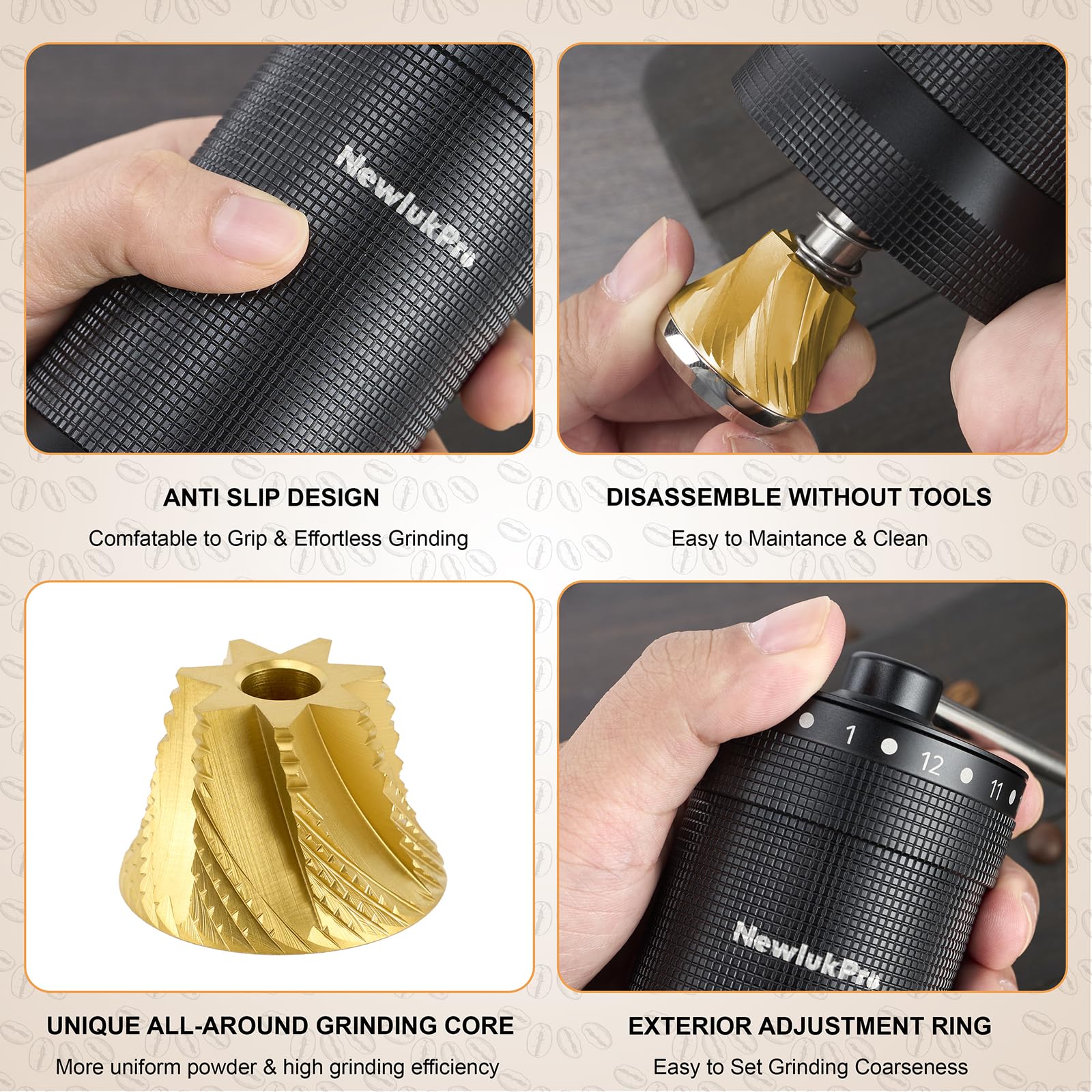 Molinillo de café manual M7 Pro, rebaba heptagonal con revestimiento de titanio, molinillo de café de mano con 72 escalas externas, capacidad de 35 g, molinillo de café completo para verter