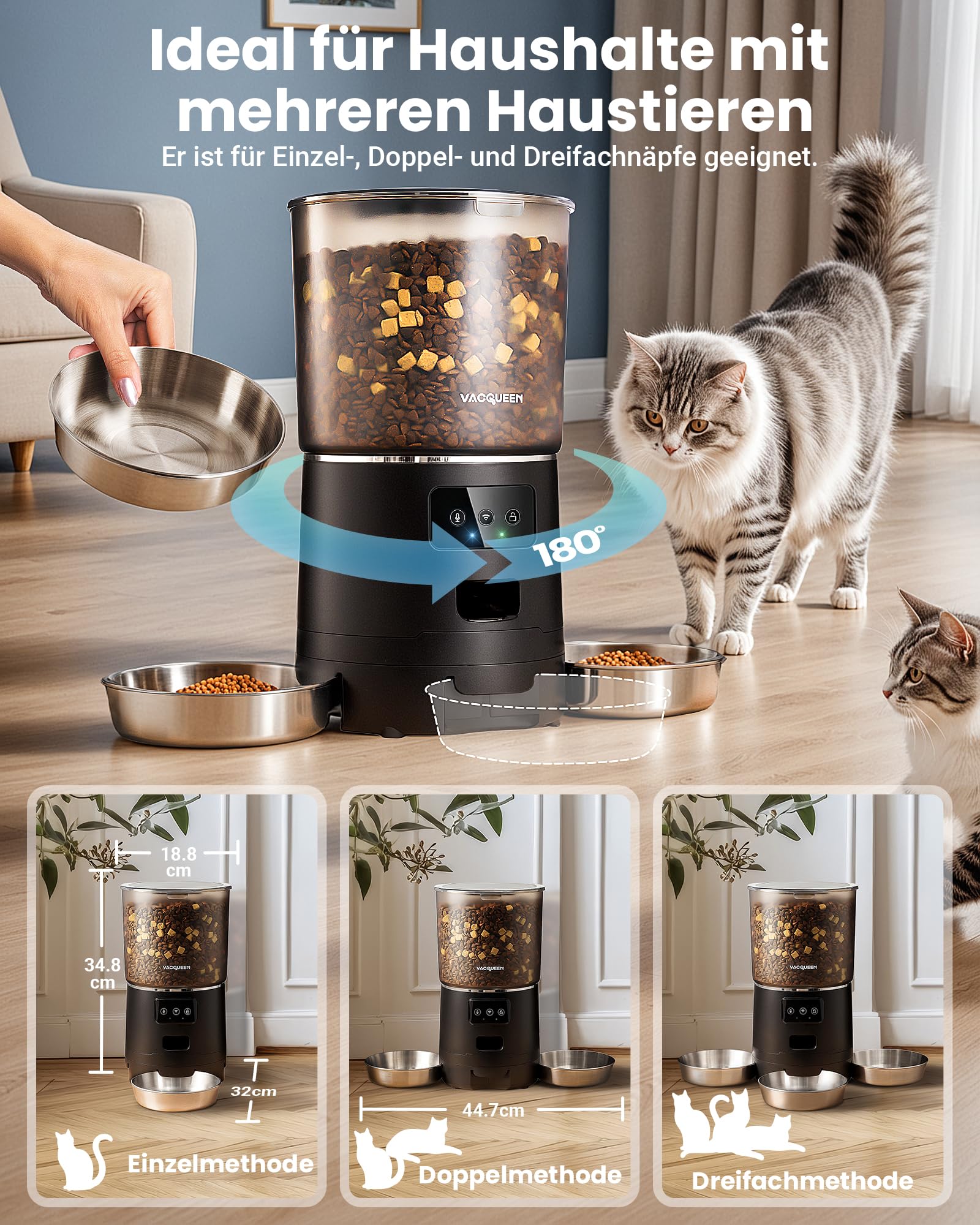 Comedero automático para gatos con aplicación, 6 L/25 tazas de comida para gatos, 3 cuencos, 3 paquetes de desecante, sistema antiobstrucción, grabación de voz 10S, 2,4 G WiFi, comida seca automática