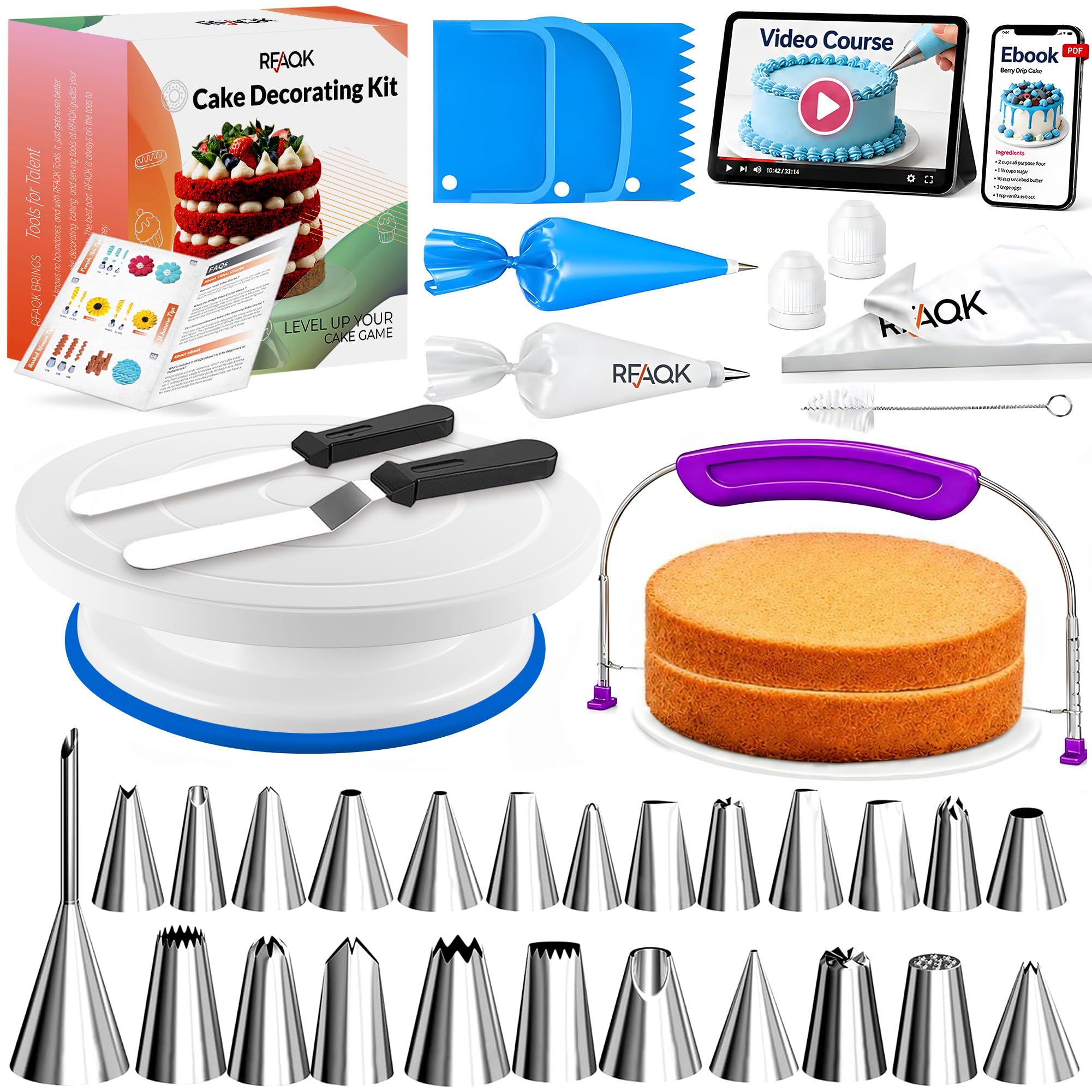 RFAQK Kit de 64 piezas de suministros de decoración de pasteles con plato giratorio para tartas, nivelador de pasteles, 24 puntas numeradas con gráfico de patrones y libro electrónico, espátula recta