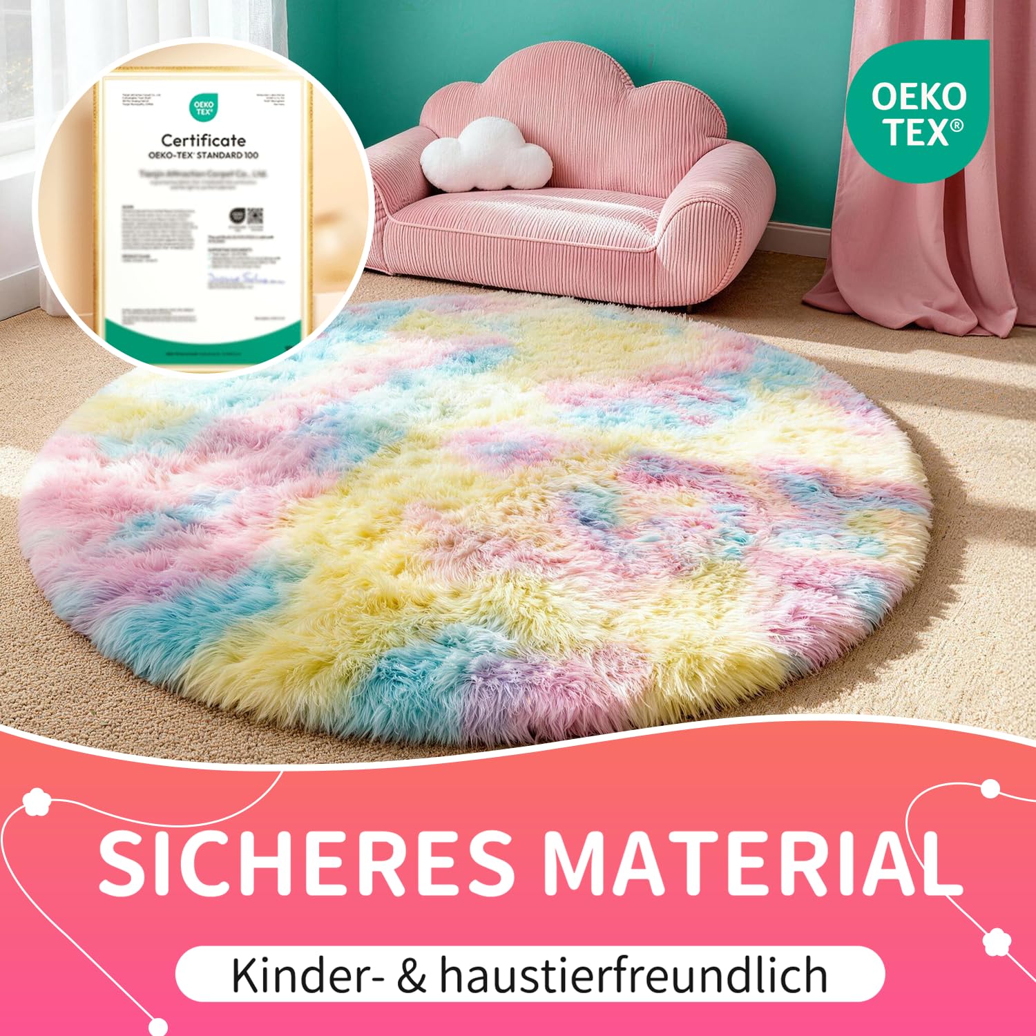 Teppich Kinderzimmer Rund 100 cm Regenbogen | Waschbar, Kinderzimmer Mädchen Junge, OEKO-TEX Zertifiziert, Schlafzimmer, Flauschig, Rutschfeste Unterseite