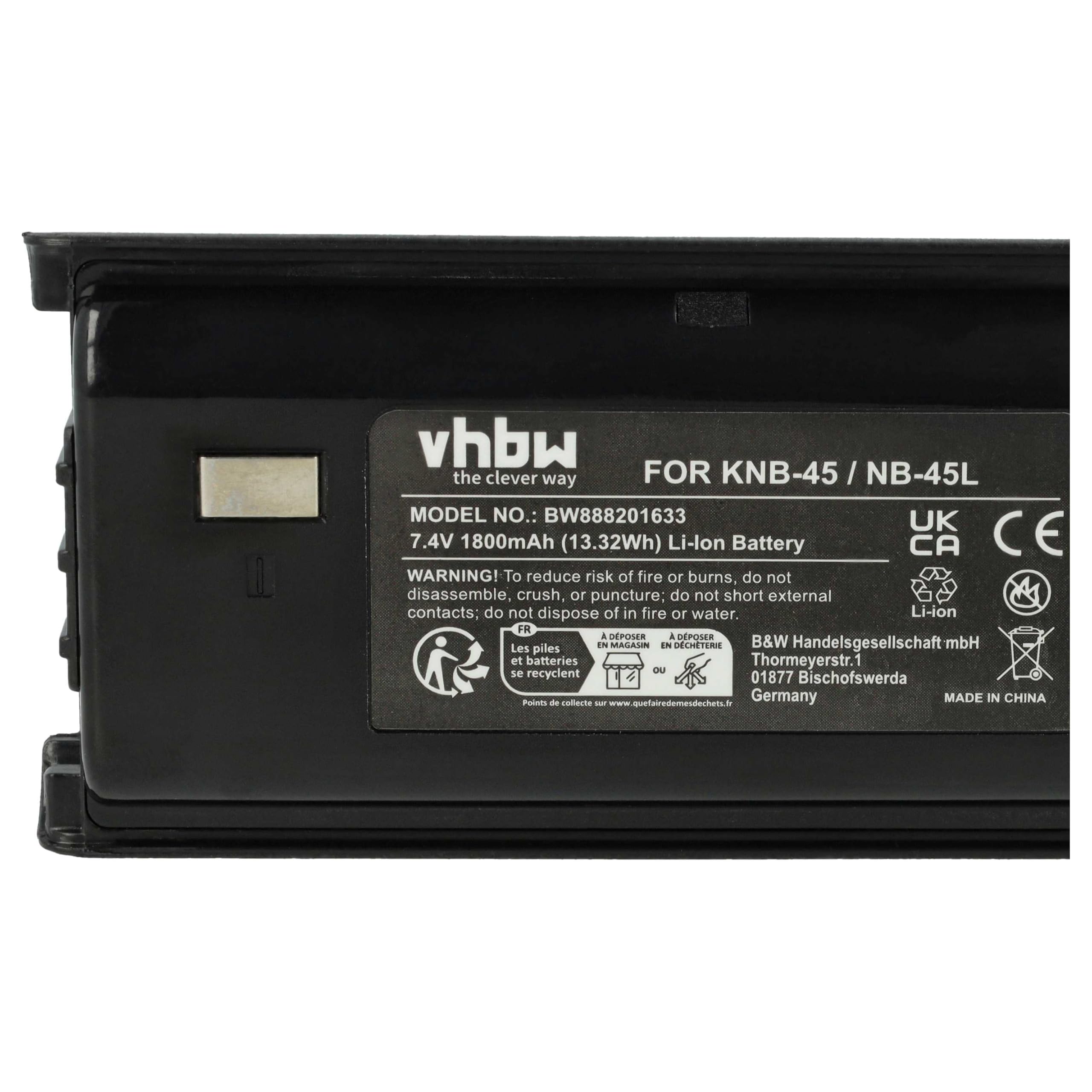 vhbw batteria sostituisce Kenwood KNB-45, KNB-45L, KNB-45Li per radio (1800mAh, 7,4V, Li-Ion)