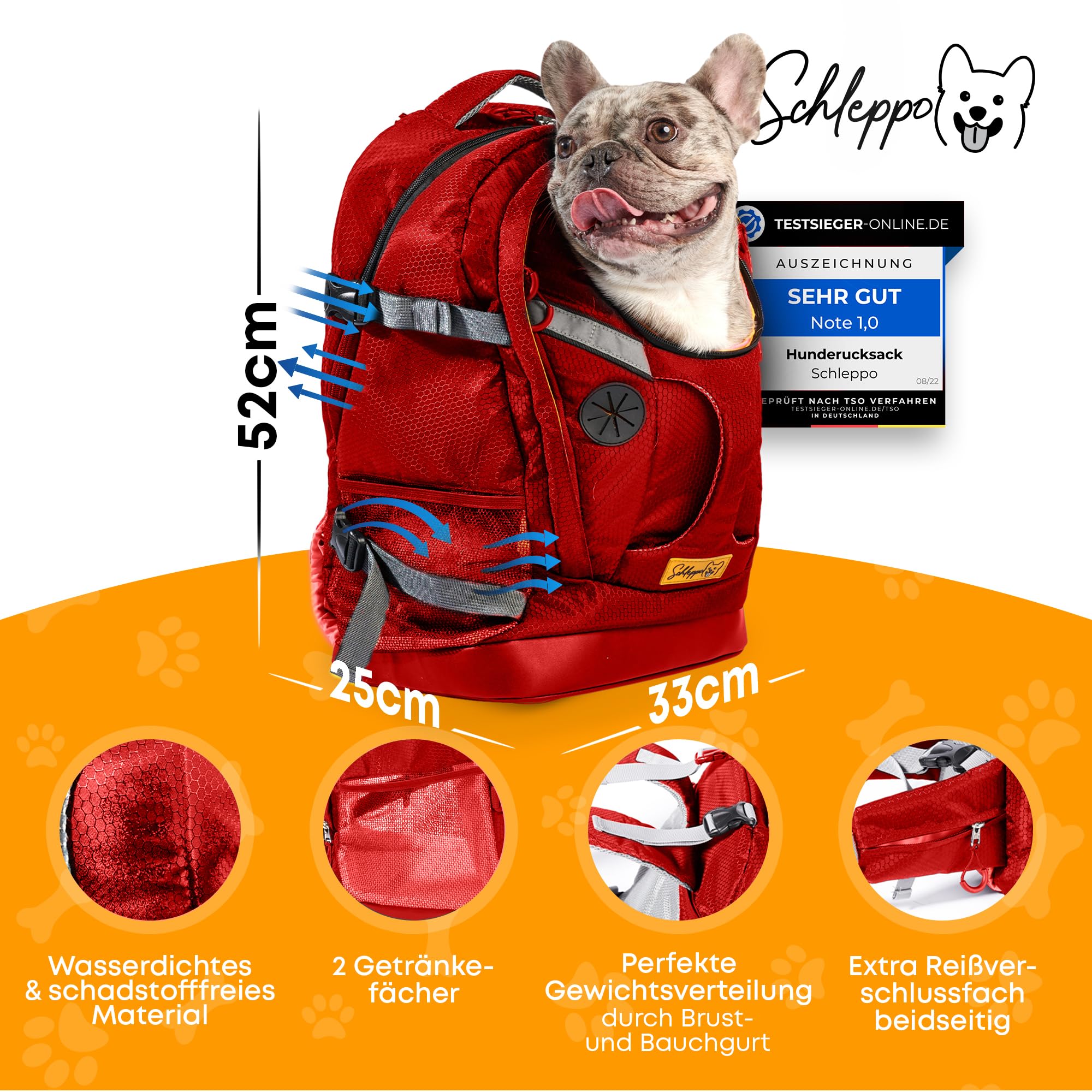 Hunderucksack bis 7kg | Rucksack für Hunde | Extrem hoher Atmungsaktiver Hunde Rucksack zum Wandern, Nahverkehr & Co | Transport-Rucksack Wasserdicht (Rot, Einheitsgröße)