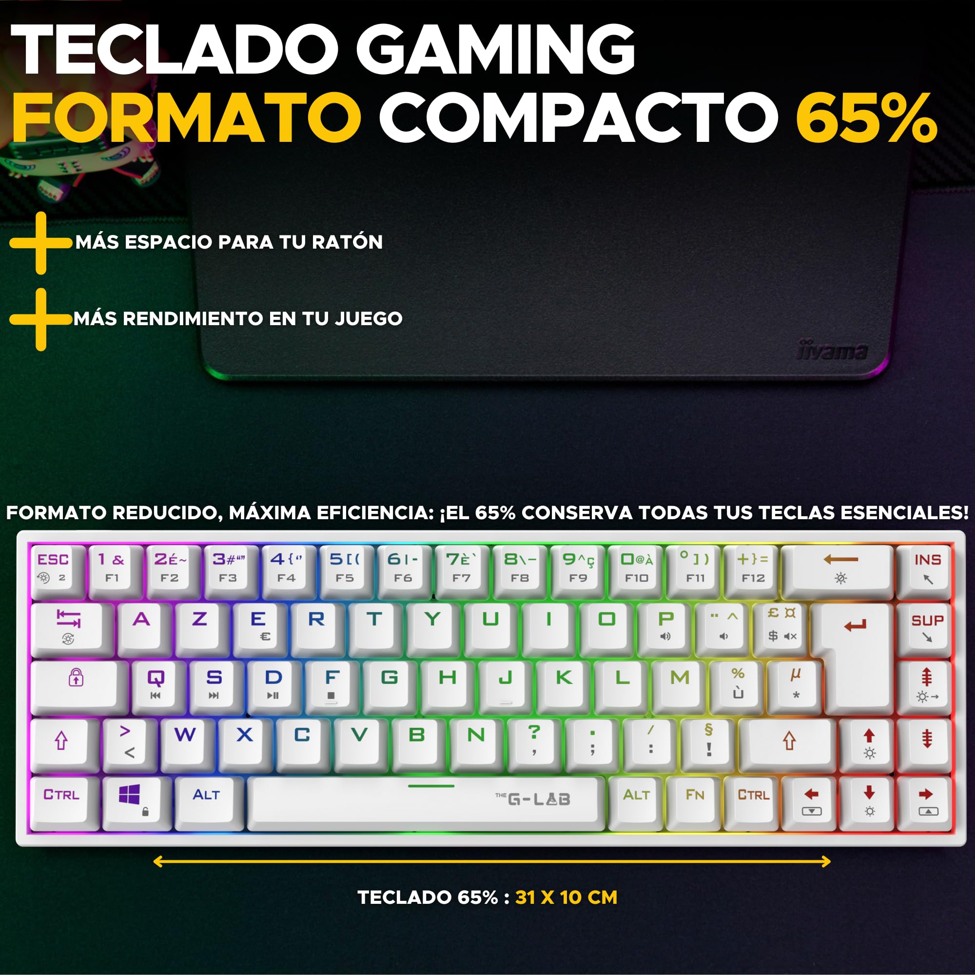 The G-Lab - Keyz Titanium - Teclado mecanico español 65% QWERTY, USB - Teclado gaming con Switch rojo, RGB personalizable, anti-ghosting, macros programables - Para PC, PS4, PS5, Xbox - Nuevo (Blanco)