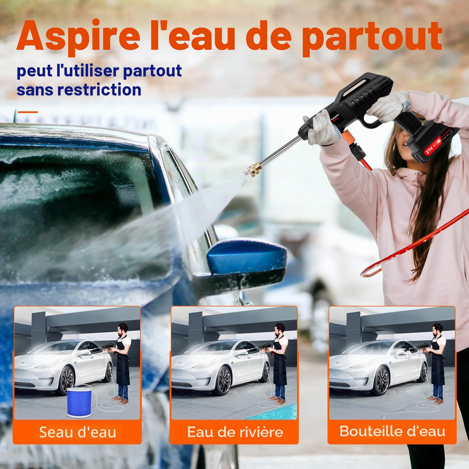 Nettoyeur haute pression sans fil avec buse multifonction 3-en-1, 21 V, 1500 W, 60 bar, nettoyeur haute pression portable, avec 2 buses, 2 batteries, tuyau de 5 m, nettoyeur haute pression mobile (pas