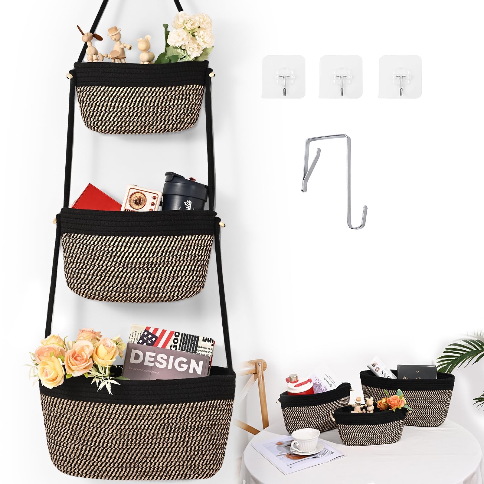 Hanging Basket, 3-Tier Woven Wall Basket with 4 Hooks, Cotton Rope Storage Baskets, Over the Door Organizer for Nursery, Bedroom, Cottage and Boho Wall Decor