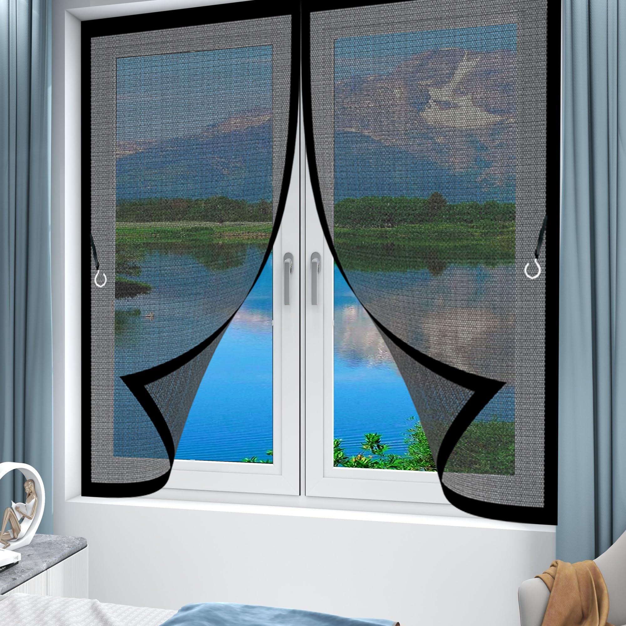 Fliegengitter Magnet Fenster 163 x 176 cm Automatisches Schließen, Klettband Oben, Nicht Kürzbar Fliegengitter Fenster Magnetband für Alle Arten von Türen Und Fenstern, Schwarz