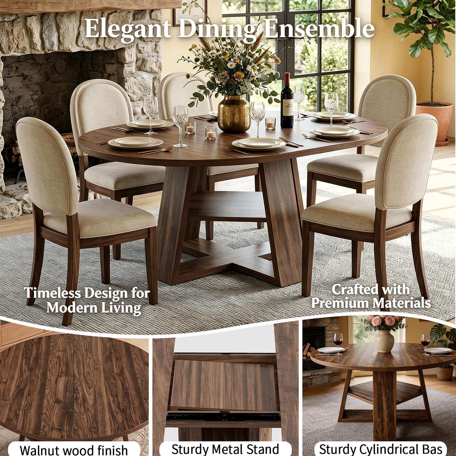 Mesa de comedor extensible de madera de nogal, redonda, con estante, para 4-6 personas, moderna, que ahorra espacio