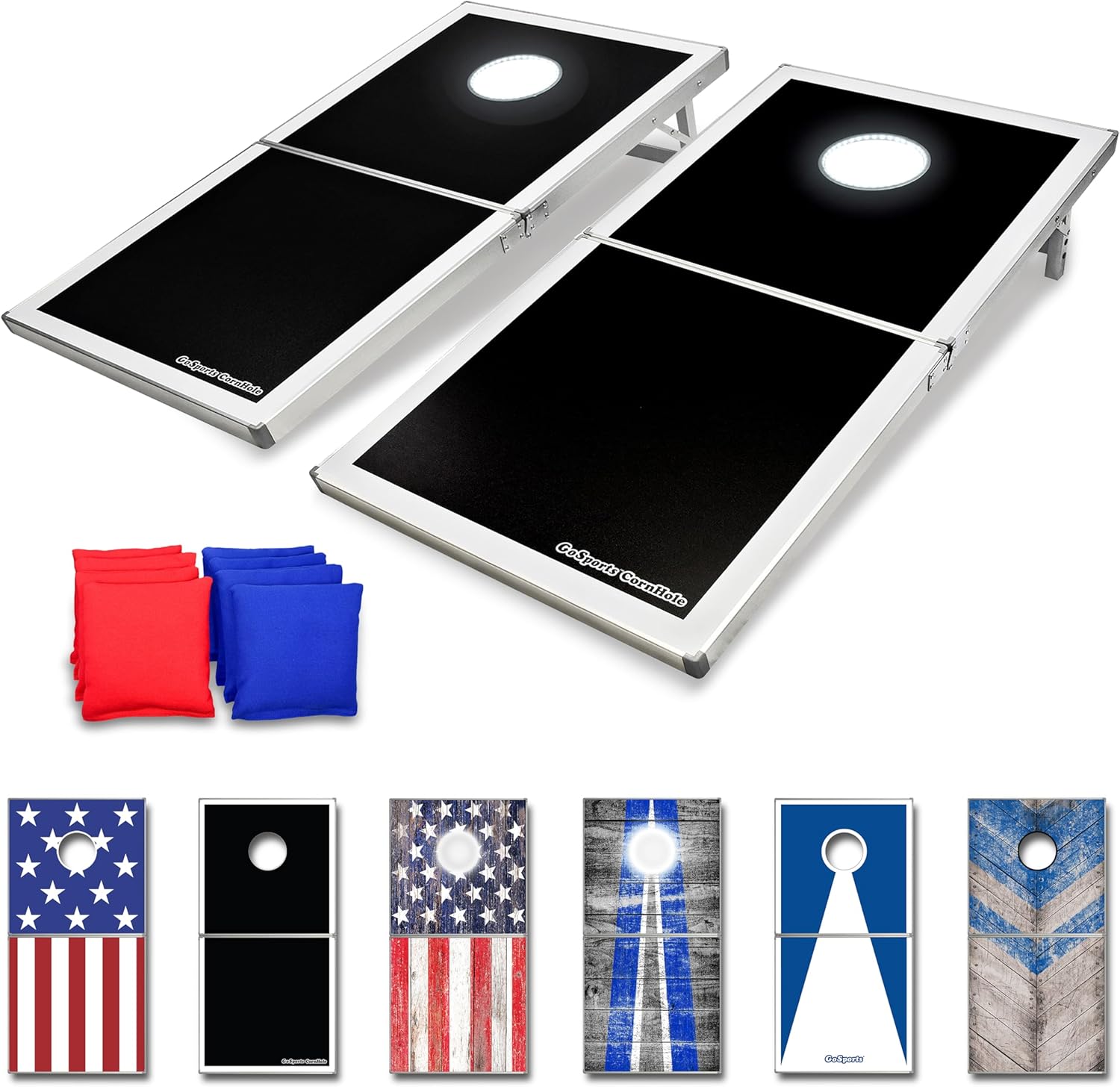 GoSports 4 x 2 ft Aluminum Cornhole Game Sets – Choose LED Lights or Standard - Set Includes 2 Foldable Regulation Size Boards