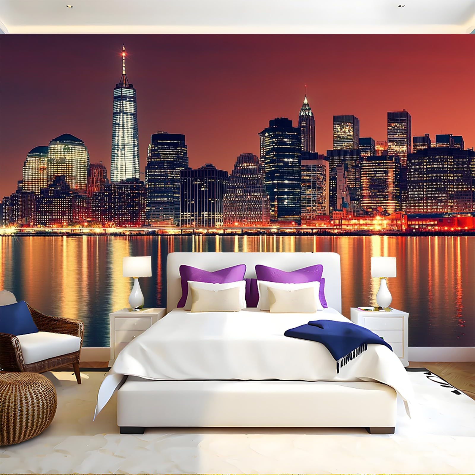 Carta da Parati 3D Moderna Paesaggio urbano di New York Fotomurale vista notturna 300 x 210 cm Decorazione da Muro Poster Gigante Design per Pareti