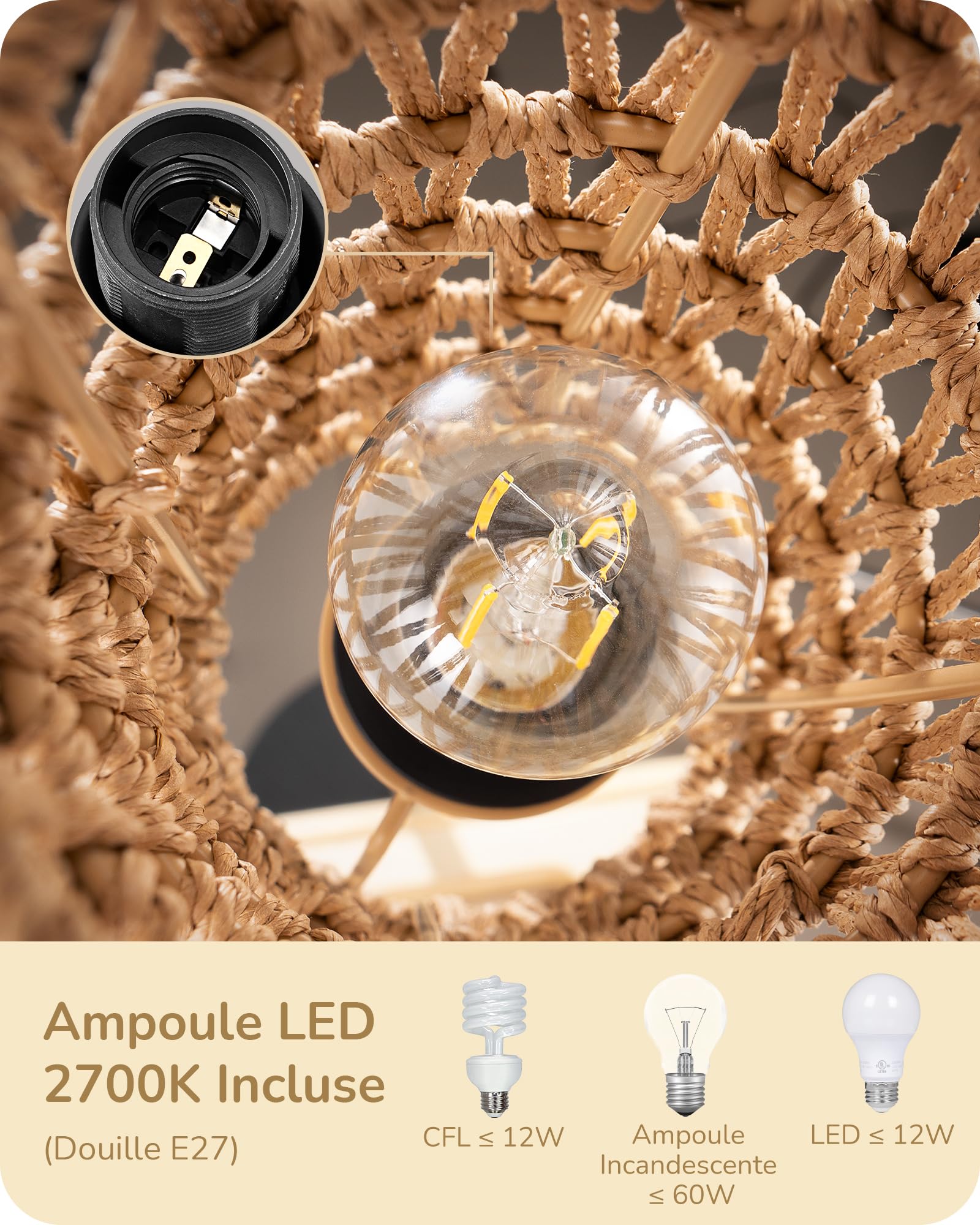 EDISHINE Lampada da Terra con Paralume in Corda Intrecciata, E27 Lampadina LED 2700K Luce Calda Inclusa, Interruttore a Pedale, Lampada da Terra Moderna per Soggiorno, Camera, Ufficio, 165 cm…