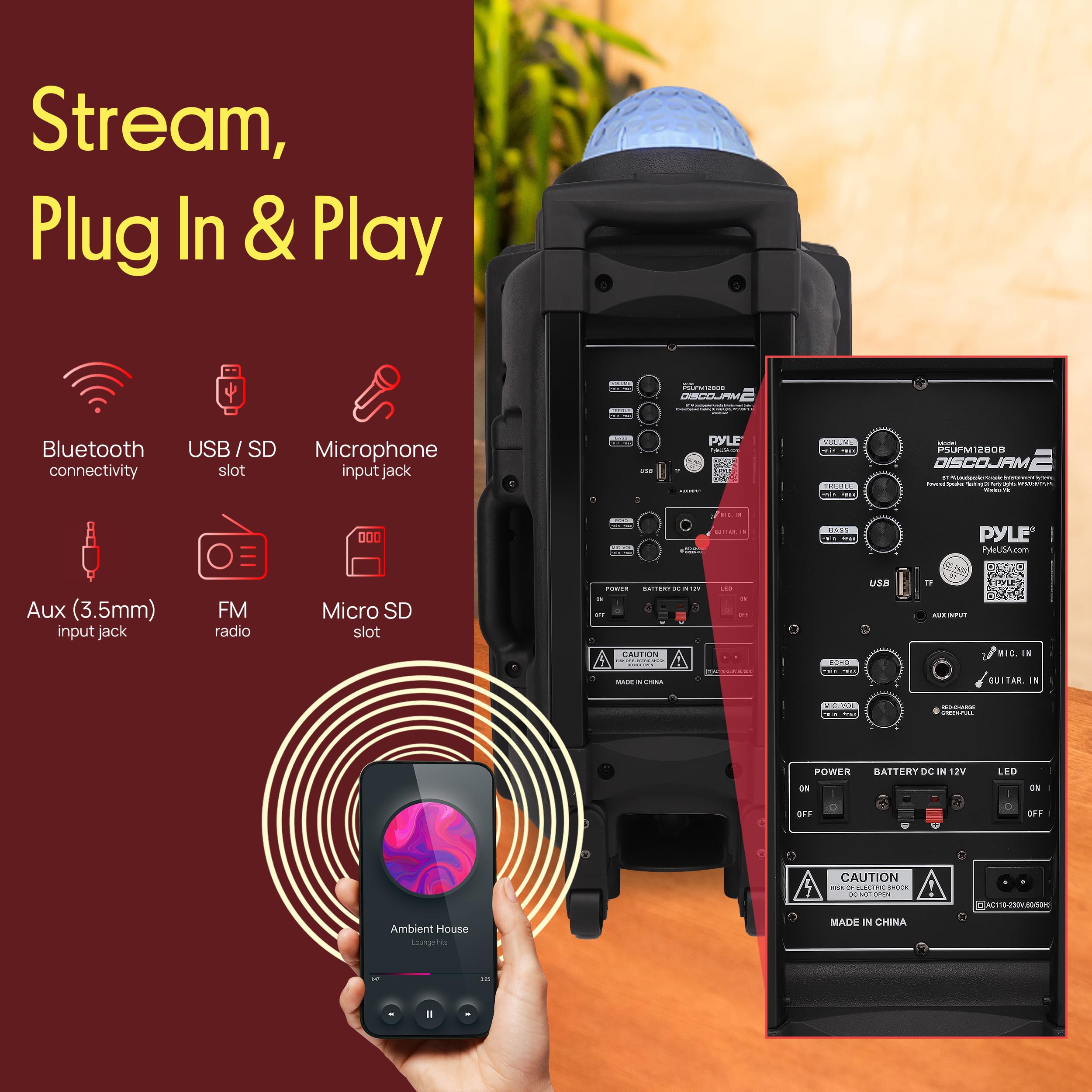 Pyle Cassa Bluetooth, Sistema PA Wireless da 700 W con Altoparlanti, Microfono, Cassa Bluetooth Portatile, USB, Micro SD, Radio FM, AUX, Luci DJ