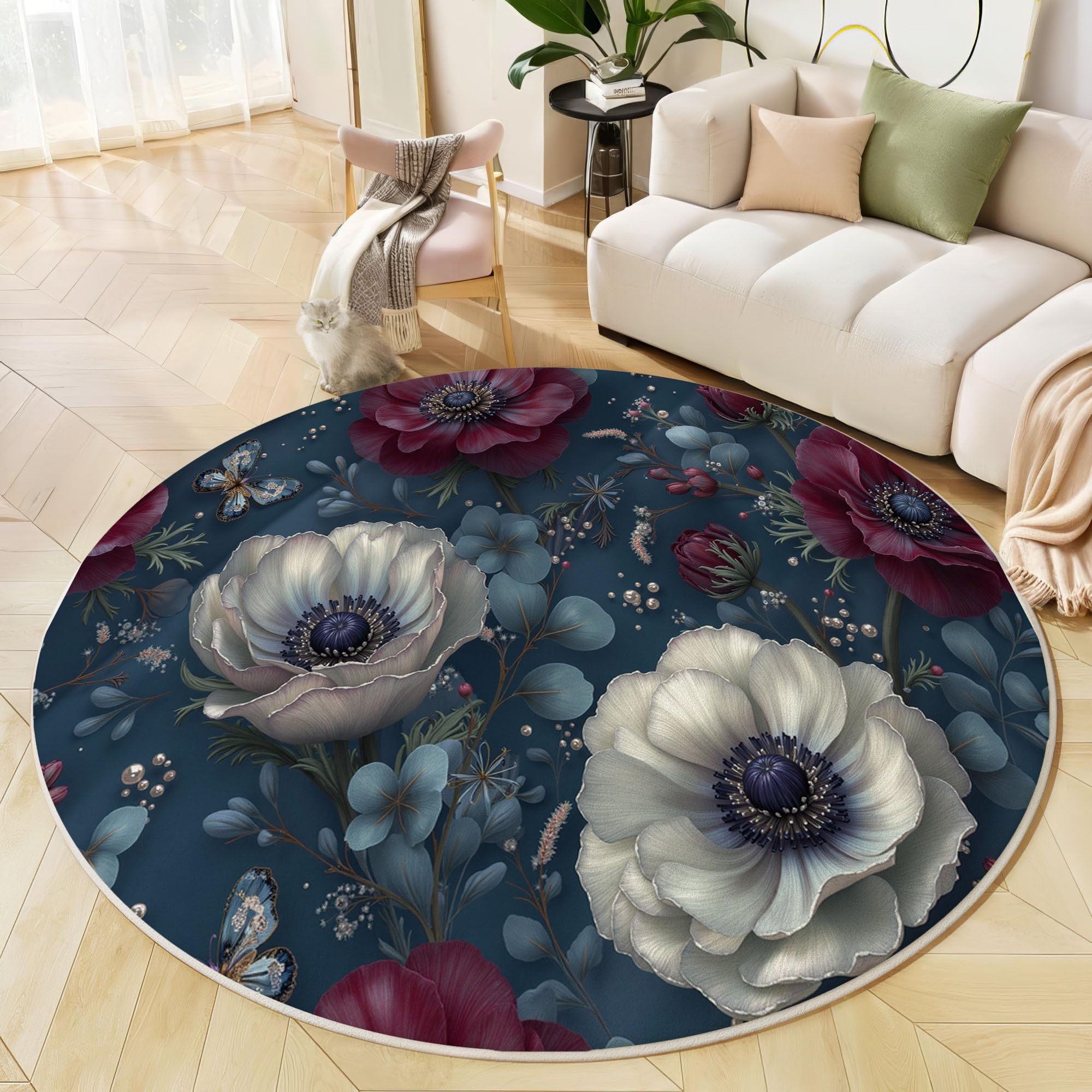 Tapis de salon rond lavable moquette chambre bleu marine 120