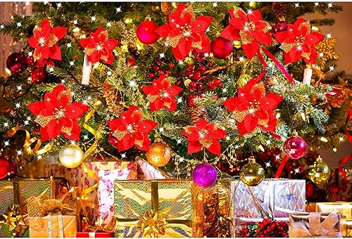 Vista 5 de Boao 24 Pieces Christmas Artificial Glitter Poinsettia Flowers Xmas Flowers Wedding Christmas Tree New Year Ornaments(Red)
