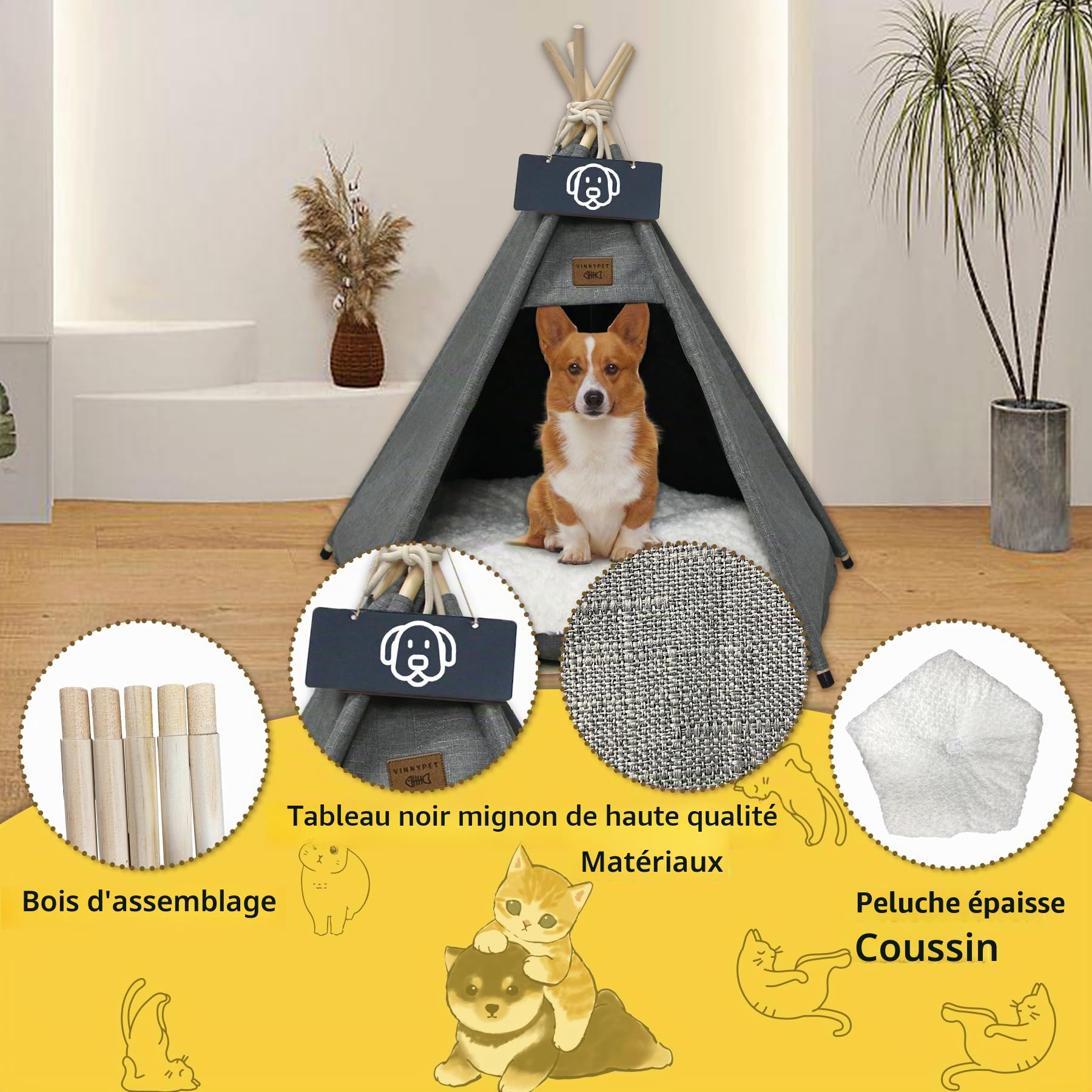 Tipi Tente pour Chat avec Coussin en Peluche et Tableau Noir 50x50x60cm
