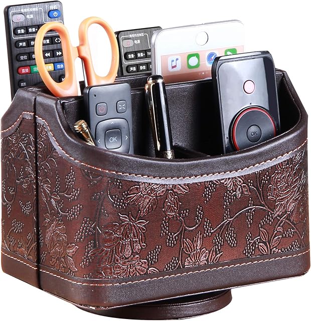 YAPISHI TV Remote Control Holder 360 Degrees Rotatable Leather Remotes Caddy Office Desktop Organizer Storage Box for Home Decoration Cosmetic Accessories E-Reader iPad Phone Pen Stationery