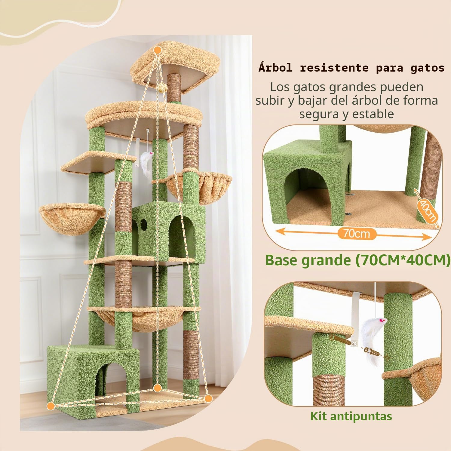 Globlazer Árbol para Grandes Gatos XXL 194 cm Alto con 2 Nidos Grande, Hamaca 50 * 40CM, Gran Plataforma, 2 Cesta, Percha, Enorme Rascador para 3-5 Gatos Adulto Descansar Jugar (S76B, Verde Cactus)