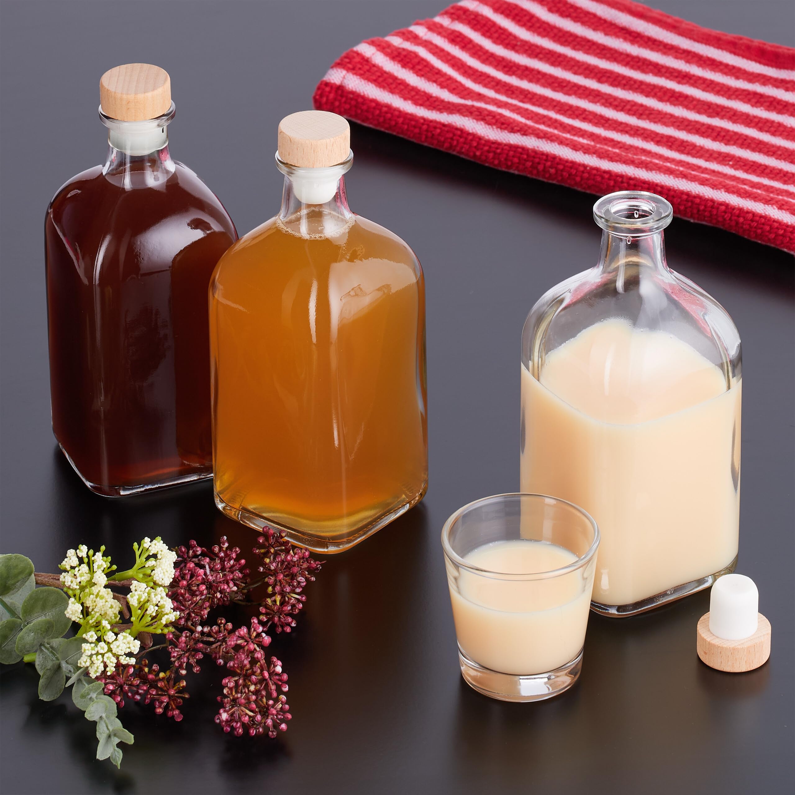 Relaxdays Szklane butelki 500 ml, do wielokrotnego napełniania, na prezent, z korkiem, na olej, ocet, sznaps, likier, przezroczyste, plastikowe