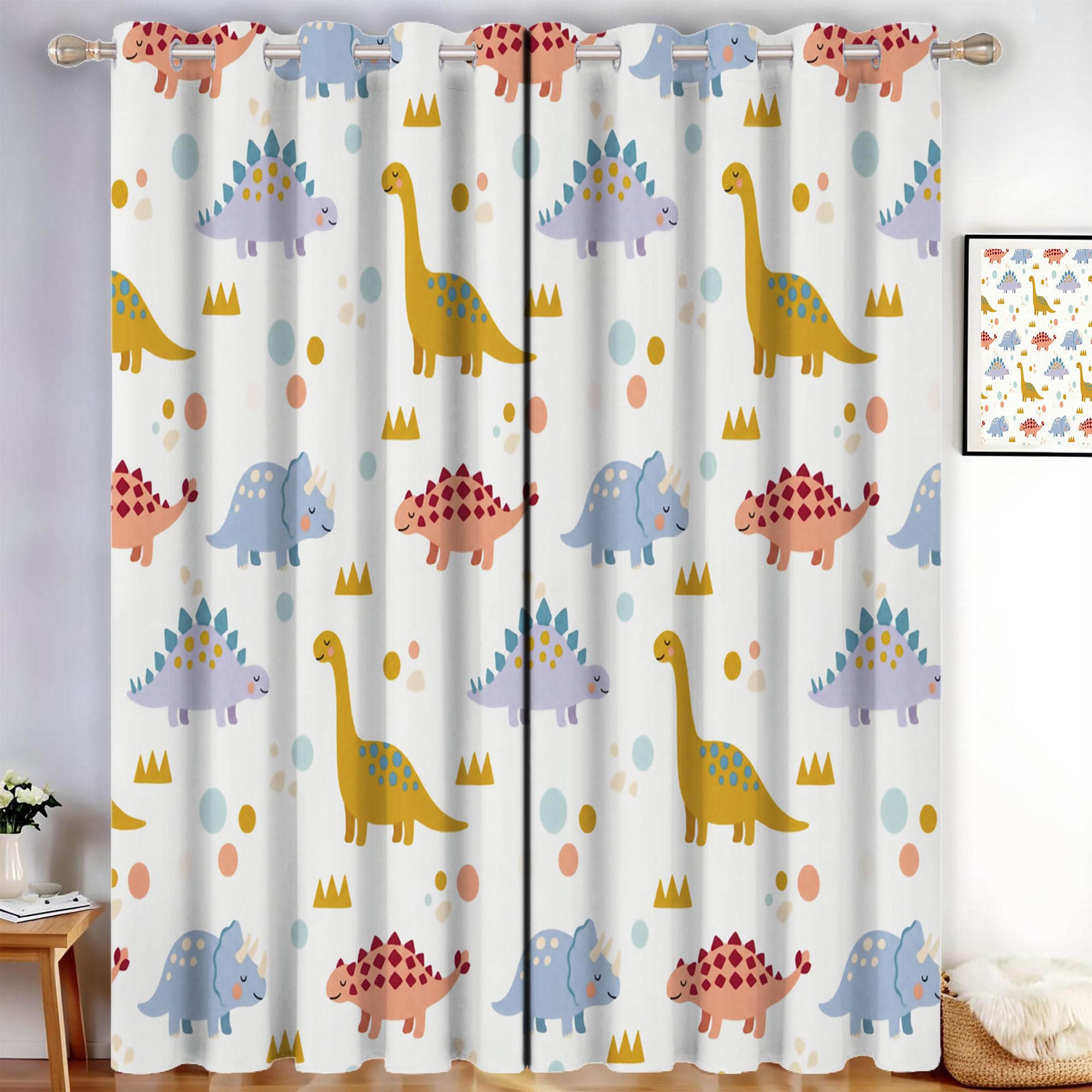 Dinosaure Dessin Animé Rideau Occultant - Animaux Mignons Rideau Thermique, Abricot Rideaux Opaque À Oeillets pour Fenetre Chambre Salon - L110×H215Cm (2 Panneaux)