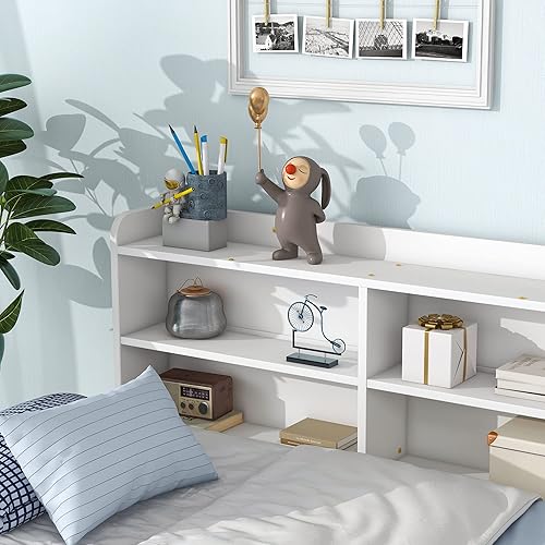 Miniatura 6 de Aiuyesuo Cama de plataforma de tamaño individual con estantes de almacenamiento y estanterías cama de día de madera de pino con 2 cajones de