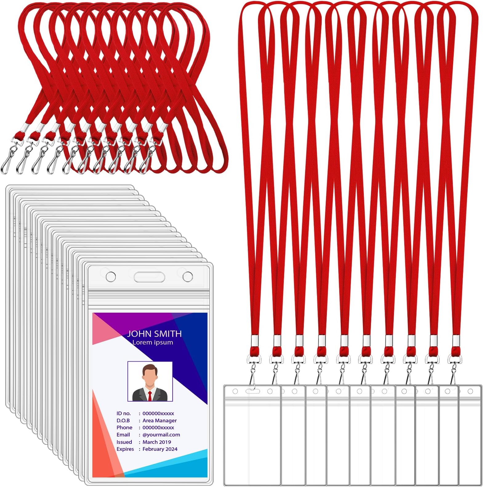 100 Pack Badge Lanyards with ID Card Holders Red Lanyards