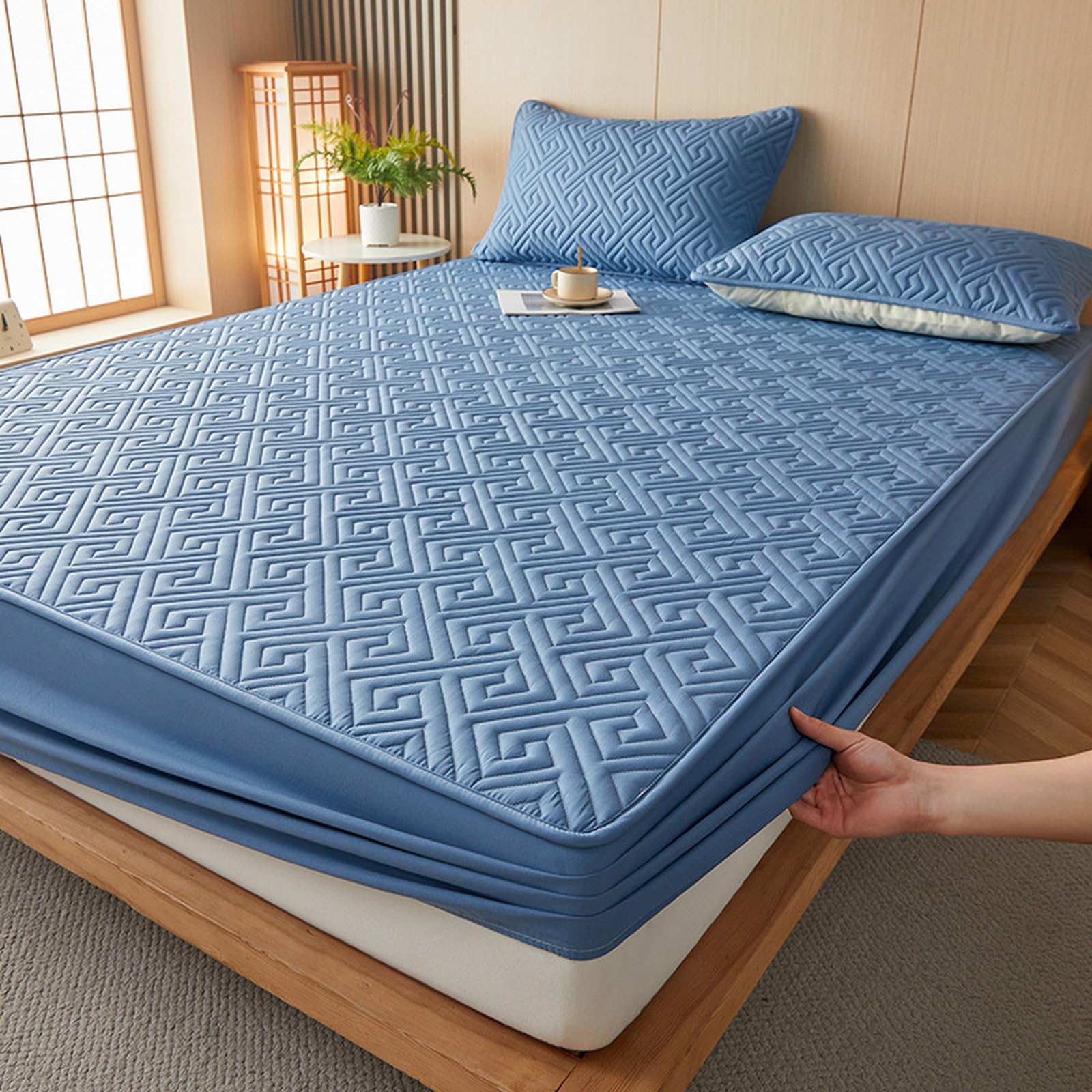 Lenzuolo con angoli extra profondi e impermeabile, 200 x 220 cm + federa da 30 cm, coprimaterasso in spugna per la massima protezione e comfort del letto