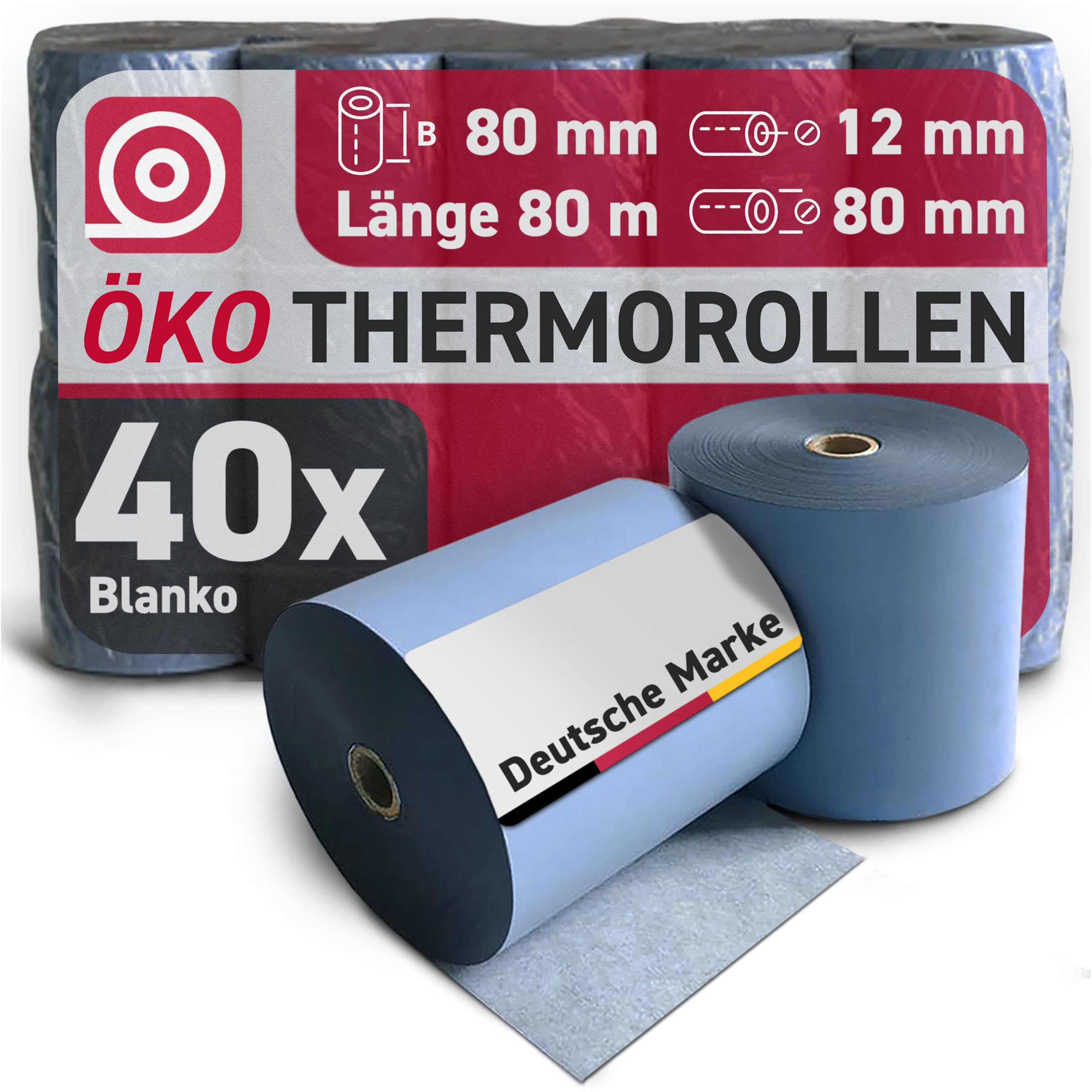 Blue4est® Öko Thermorolle 80 mm x 80 m x 12 mm - umweltfreundliches Thermopapier 52g/m² - 40 Kassenrollen mit ca. 80 mm Rollendurchmesser – Ökobon für EC-Cash und Kassenbondrucker