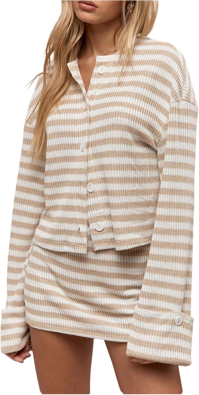MakeMeChic Women's 2 Piece Skirt Set Striped Cardigan Sweater Knit and Short Shirt Travel Winter Outfit Small Multicolor